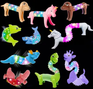 10 Pack Animal Light Up Pop Tubes,Toddler Sensory Toys,Fidget Toys, Extendable for Stress Relief, Party Favors, ADHD Autism Toy,Classroom School Reward,Birthday Gifts for Kids Girls Boys