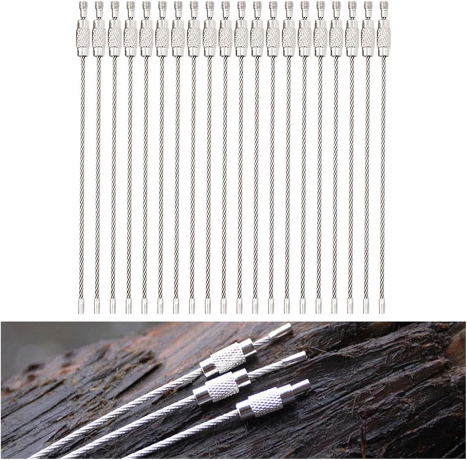 10Pcs Length 15cm Outdoor Hiking Screw Lock Stainless Steel Key Ring Chain Wire Rope Cable