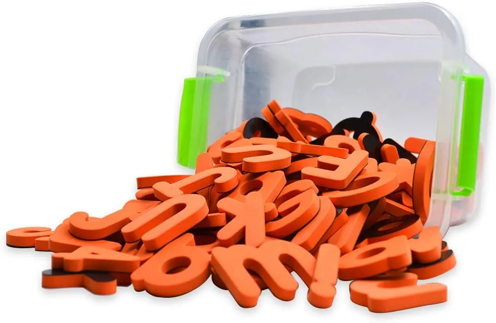 114 pcs Orange Magnetic Letters with Plastic Box,EVA Alphabet and Numbers,Spelling Learning Teaching Tools and Toys for Kids,Home Decoration, Refrigerator Sticker