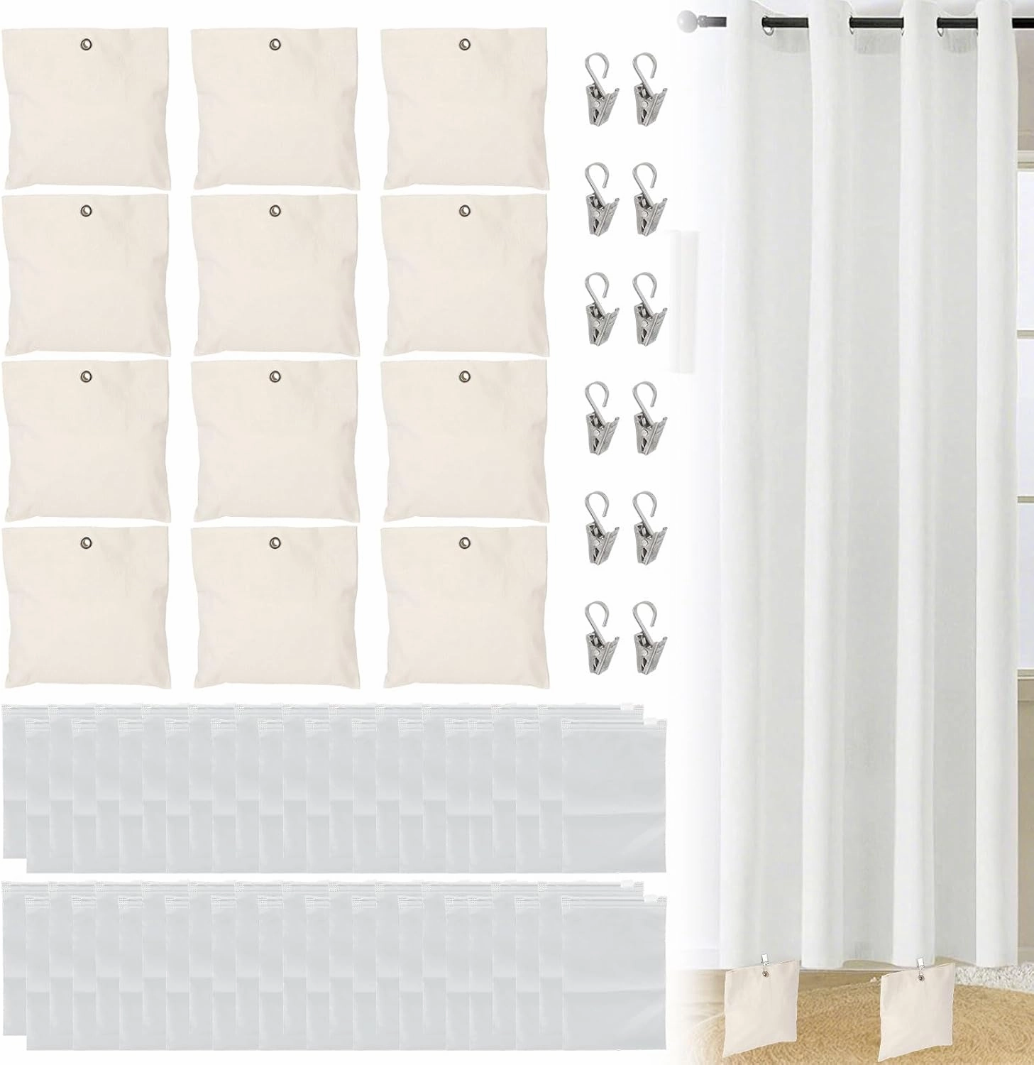 12 Packs Outdoor Curtain Weight Bags, 23oz Drapery Weighted Bags Reusable Patio Curtain Weights Bag with Sealed Bags & Clips for Drapes Garden Yard Table Cloth Banner Home Outdoor, Beige