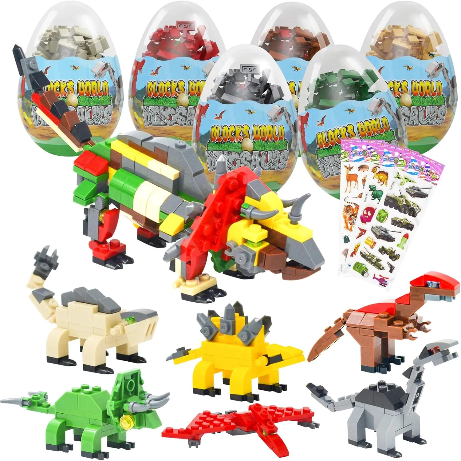 12PCS Pre Filled Easter Eggs Dinosaurs Party Favors Party Supplies Building Blocks Mini Animal Educational Toy Stacking Block Sets Science STEM Gift for Boys & Girls Kids Age 6 