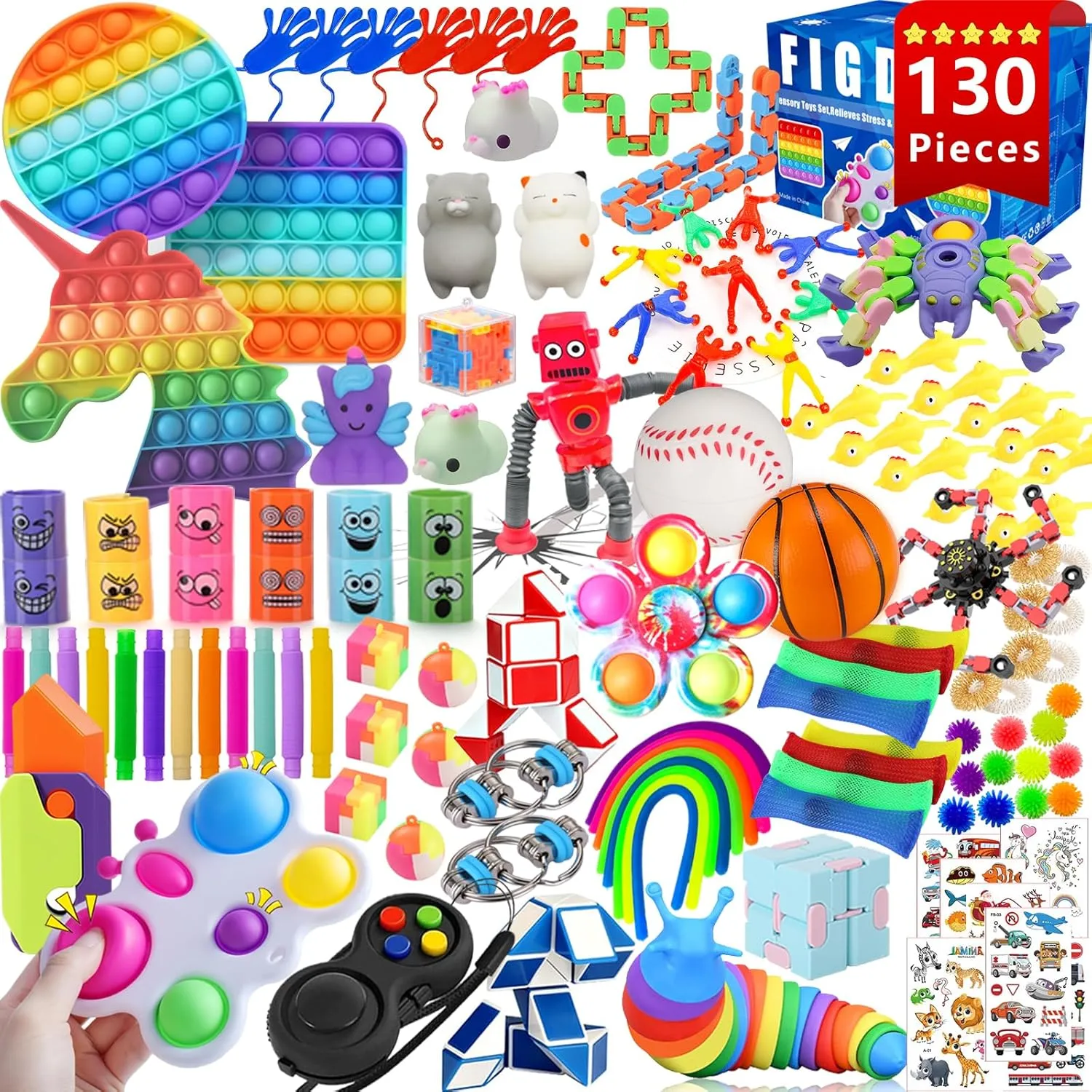 130 Pack Fidget Toys Set,Sensory Relieves Stress Toys for Kids Adults,Christmas Party Favor,Classroom Rewards Prizes, Carnival,Piñata Goodie Bag Fillers,Bulk Rewards Box Gifts for Boys and Girls