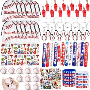 144 Pcs Baseball Party Favors Baseball Drawstring Bags Goodie Bag with Mini Stress Ball, Wristband, Slap bracelets, Keychains, Stickers for Baseball Party Supplies