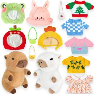 2 Capybara Plush with 12 pcs Clothes & Accessories, Dress Up Capybara Stuffed Animal Plush Toys, 10.2 in Cute Plushies for Girl/Boy Birthday