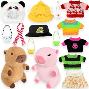 2 Capybara Plush with 13 pcs Clothes & Accessories, Dress Up Capybara Stuffed Animal Plush Toys, 10.2 in Cute Plushies for Girl/Boy Birthday
