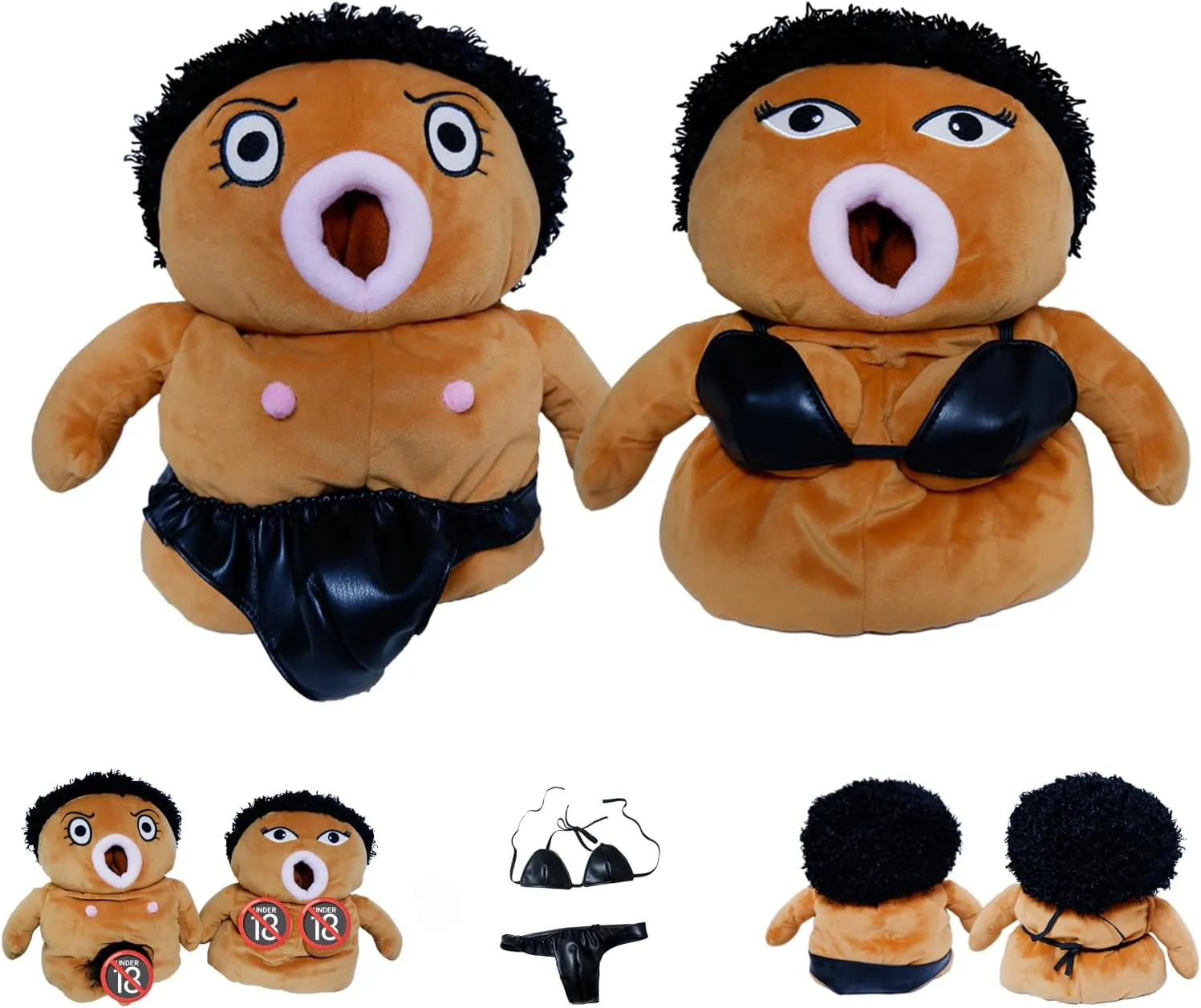 2-Pcs Brown Soft Plush Couple Toy, Big Mouth, Big Eyes, Funny Pranks, Tissue Box, Silly Thing, Boy or Girl Gender Revealing Party Decoration.