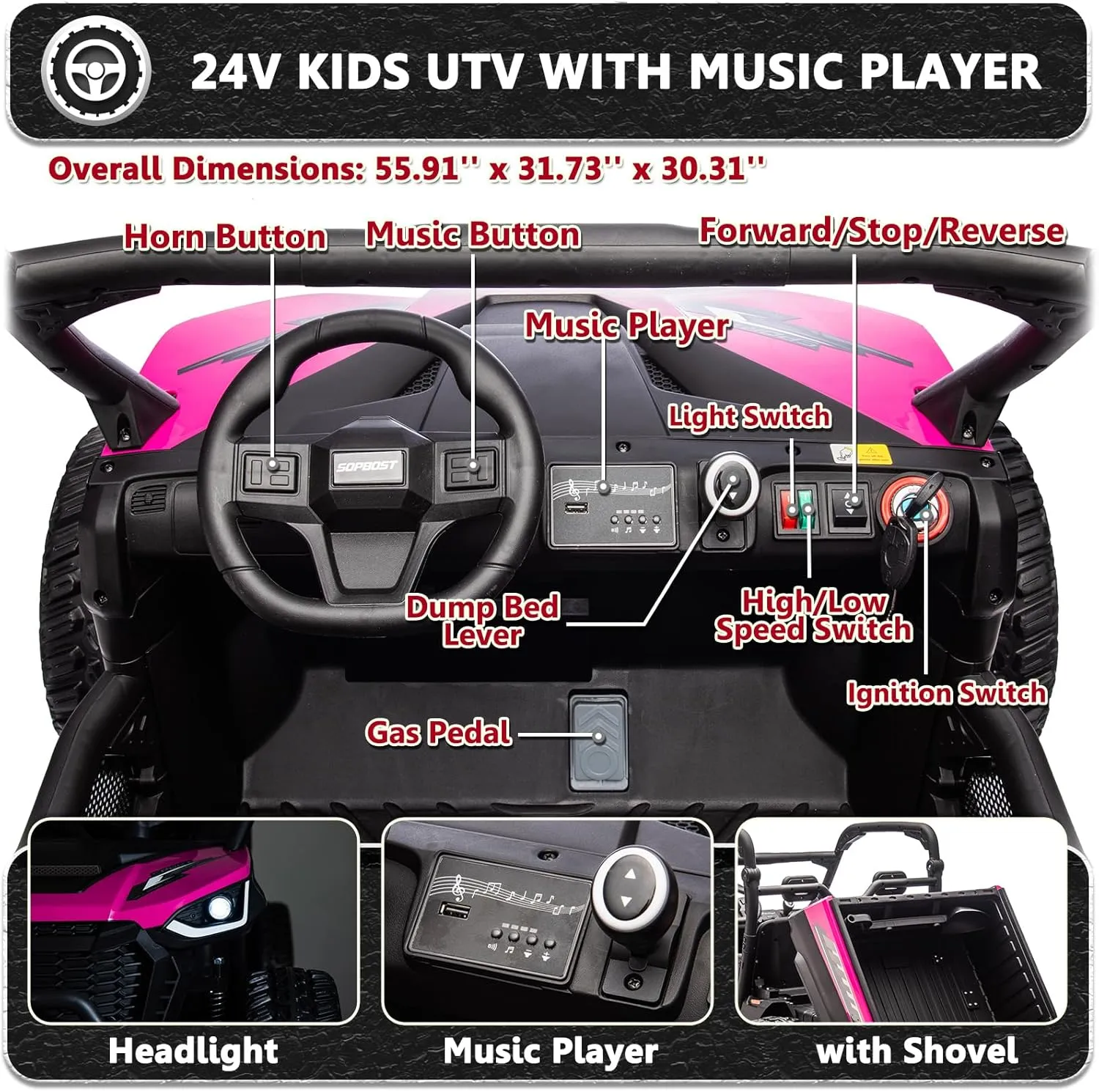 2 Seater 24V 10Ah Kids UTV Ride On Dump Truck with EVA Tires Ride on Toys for Big Kids with Remote Control 4WD Ride on Car Side by Side Truck with Electric Dump Bed, Shovel, Rose Pink & Black