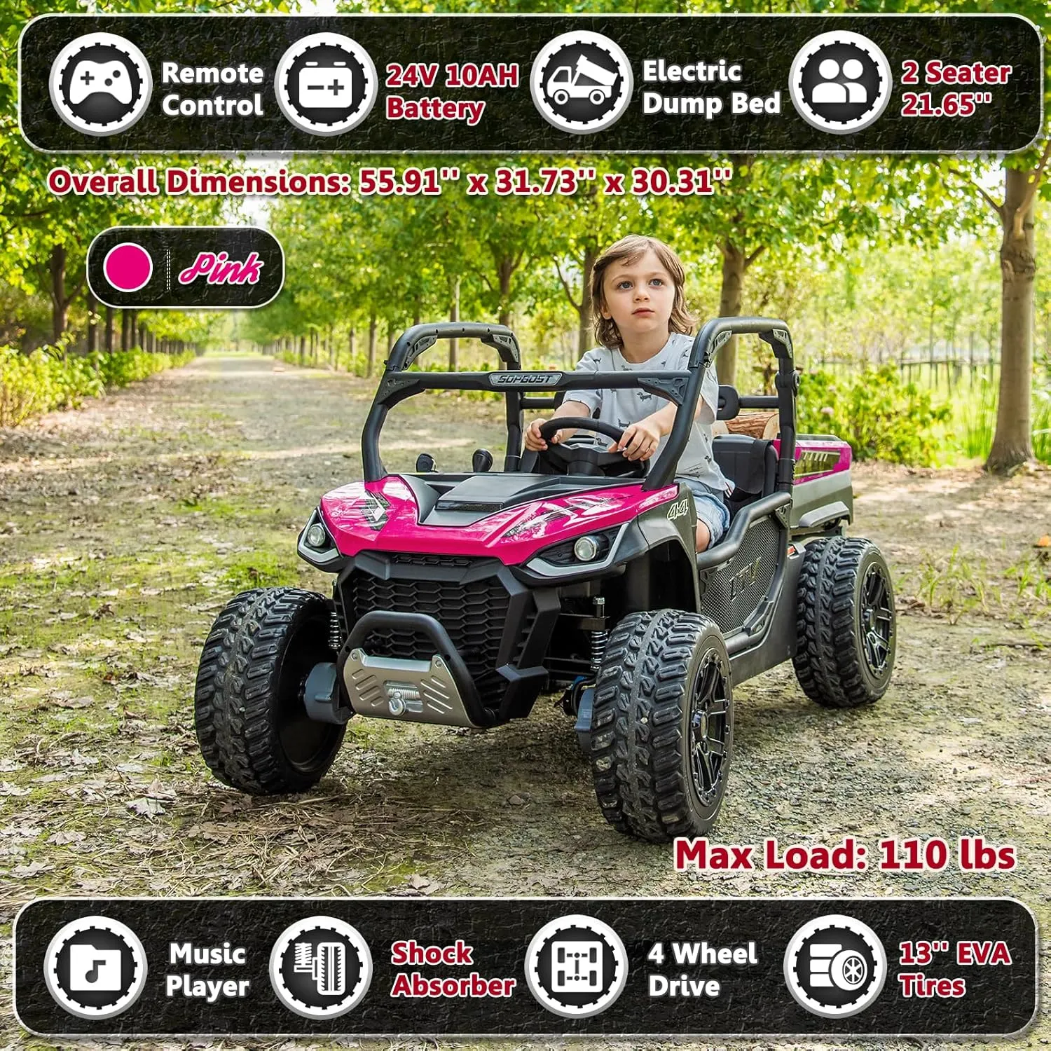 2 Seater 24V 10Ah Kids UTV Ride On Dump Truck with EVA Tires Ride on Toys for Big Kids with Remote Control 4WD Ride on Car Side by Side Truck with Electric Dump Bed, Shovel, Rose Pink & Black