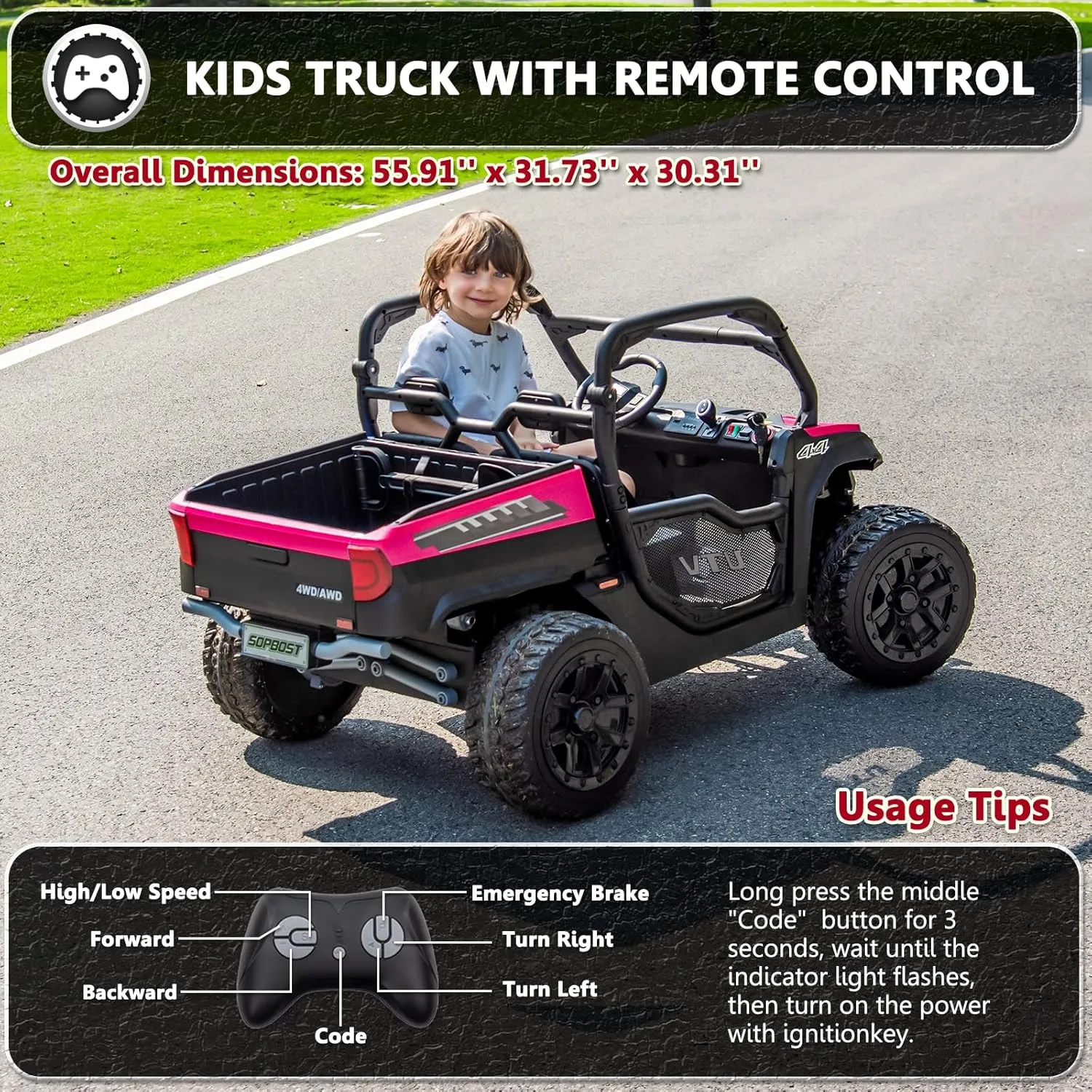 2 Seater 24V 10Ah Kids UTV Ride On Dump Truck with EVA Tires Ride on Toys for Big Kids with Remote Control 4WD Ride on Car Side by Side Truck with Electric Dump Bed, Shovel, Rose Pink & Black