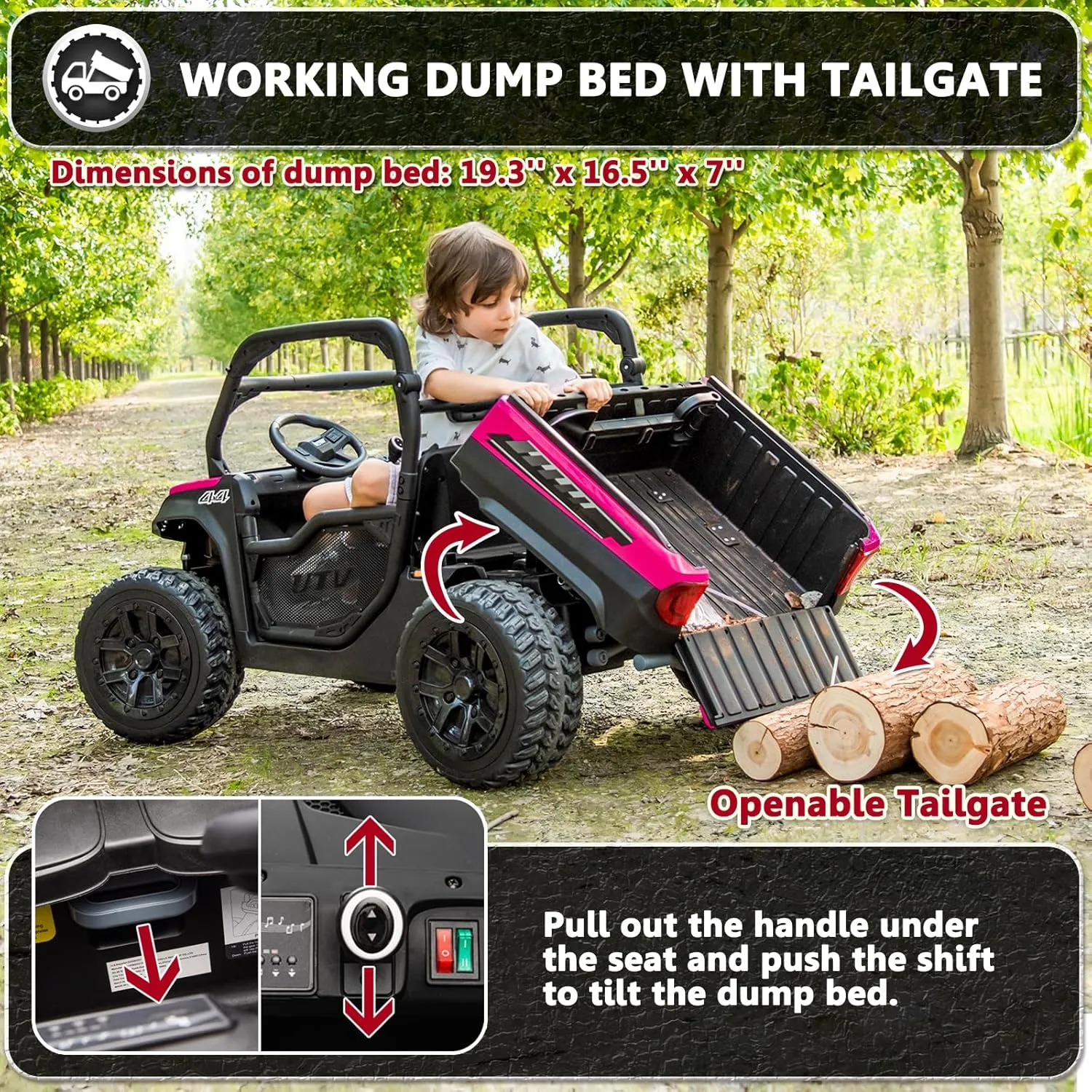 2 Seater 24V 10Ah Kids UTV Ride On Dump Truck with EVA Tires Ride on Toys for Big Kids with Remote Control 4WD Ride on Car Side by Side Truck with Electric Dump Bed, Shovel, Rose Pink & Black