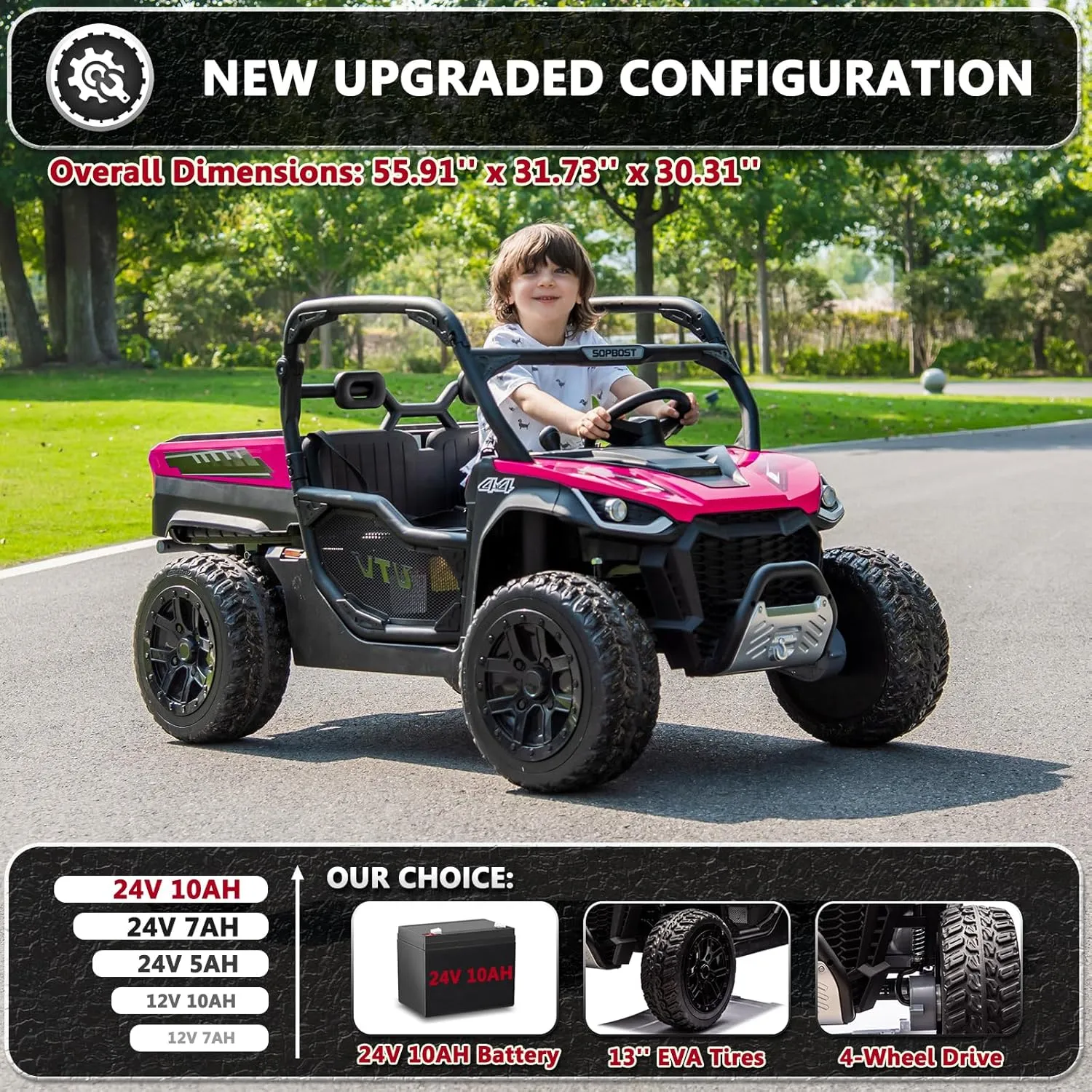 2 Seater 24V 10Ah Kids UTV Ride On Dump Truck with EVA Tires Ride on Toys for Big Kids with Remote Control 4WD Ride on Car Side by Side Truck with Electric Dump Bed, Shovel, Rose Pink & Black