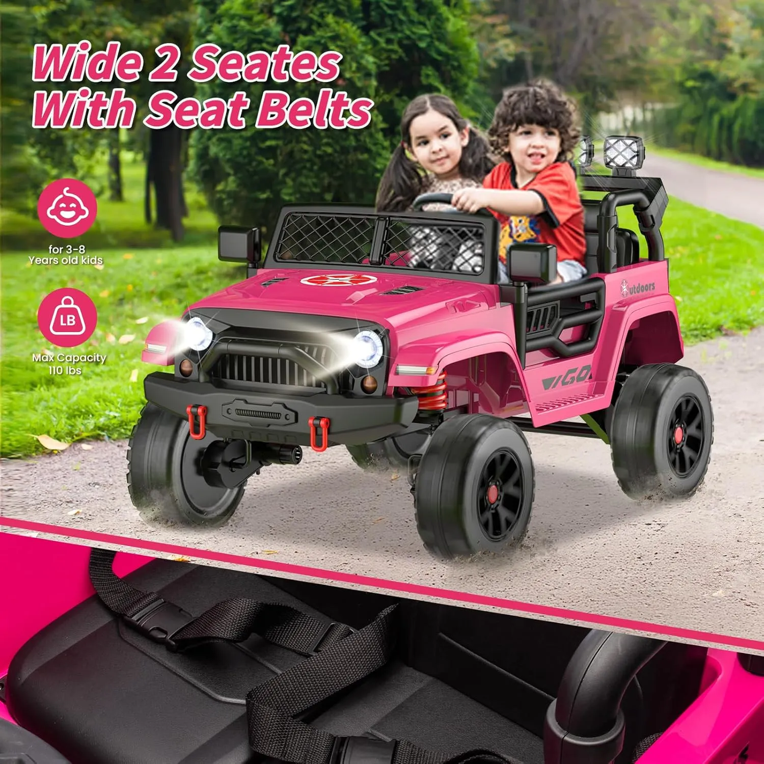 2 Seater Ride on Truck Car 24V Kids Electric Vehicles w/Parent Remote Control, 4WD Toddlers Toy Car w/Safety Belt,Forward and Reverse,Battery Powered Truck for Big Kids Aged 3-8 Rose Pink