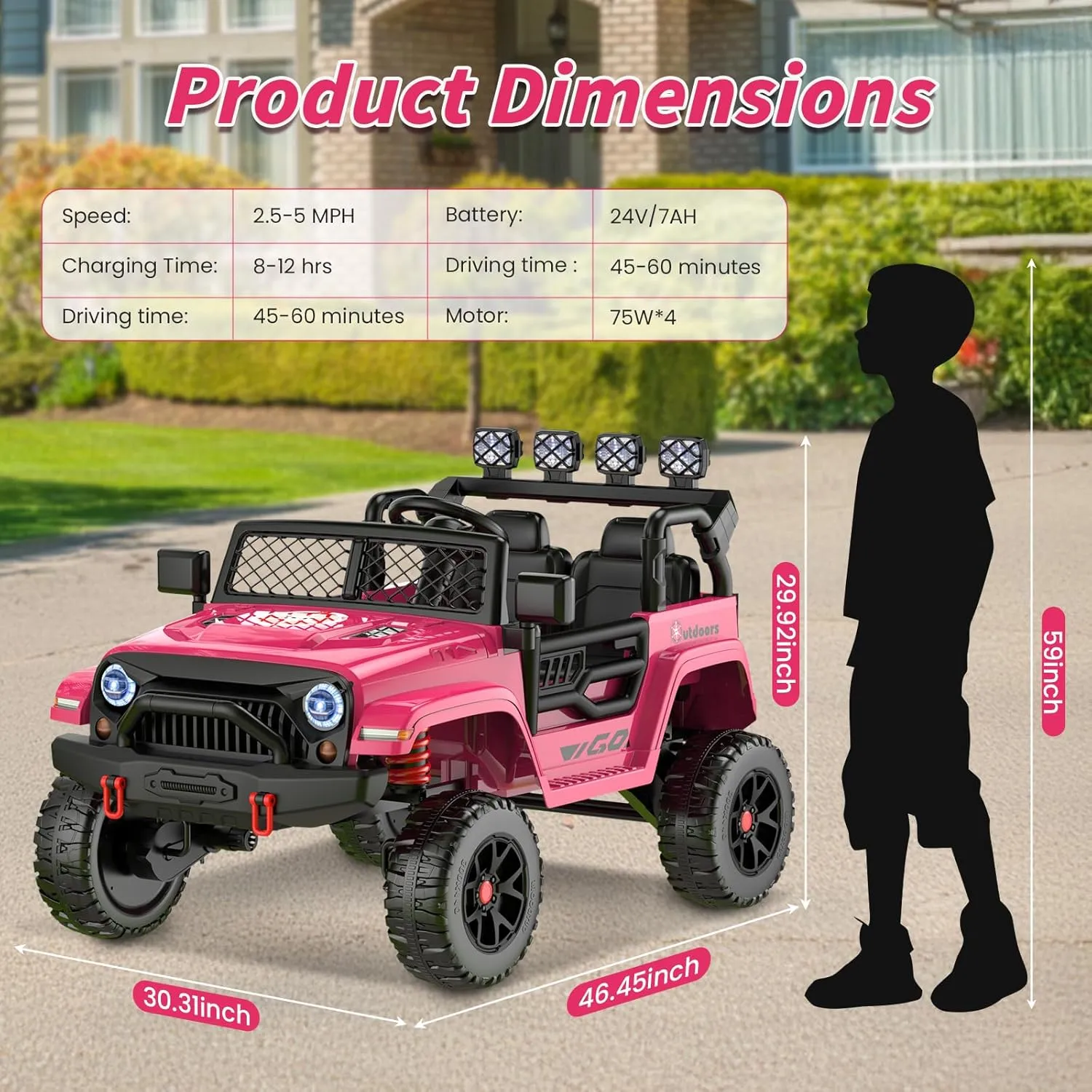2 Seater Ride on Truck Car 24V Kids Electric Vehicles w/Parent Remote Control, 4WD Toddlers Toy Car w/Safety Belt,Forward and Reverse,Battery Powered Truck for Big Kids Aged 3-8 Rose Pink