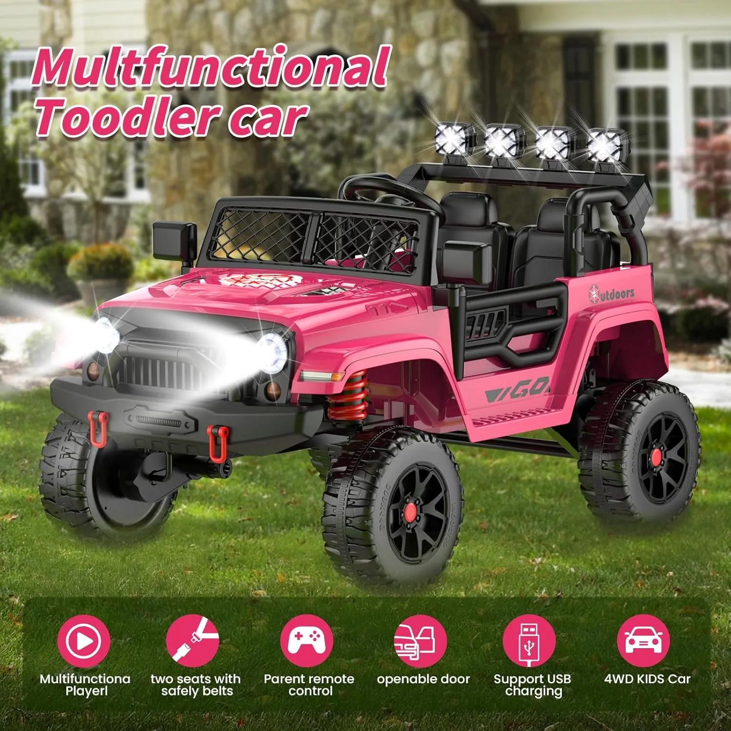 2 Seater Ride on Truck Car 24V Kids Electric Vehicles w/Parent Remote Control, 4WD Toddlers Toy Car w/Safety Belt,Forward and Reverse,Battery Powered Truck for Big Kids Aged 3-8 Rose Pink