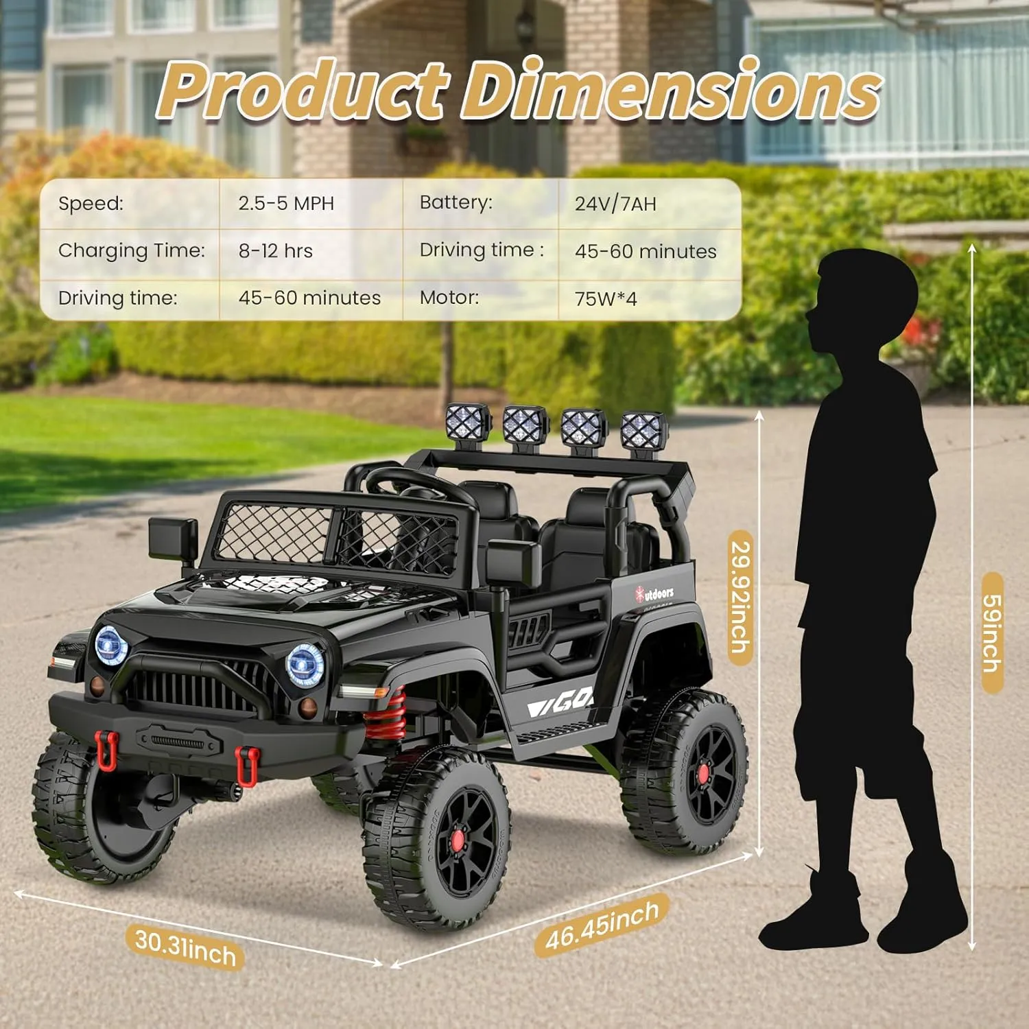 2 Seater Ride on Truck Car 24V Kids Electric Vehicles w/Parent Remote Control, 4WD Toddlers Toy Car w/Safety Belt,Forward and Reverse,Battery Powered Truck for Big Kids Boys Girls Aged 3-8-Black