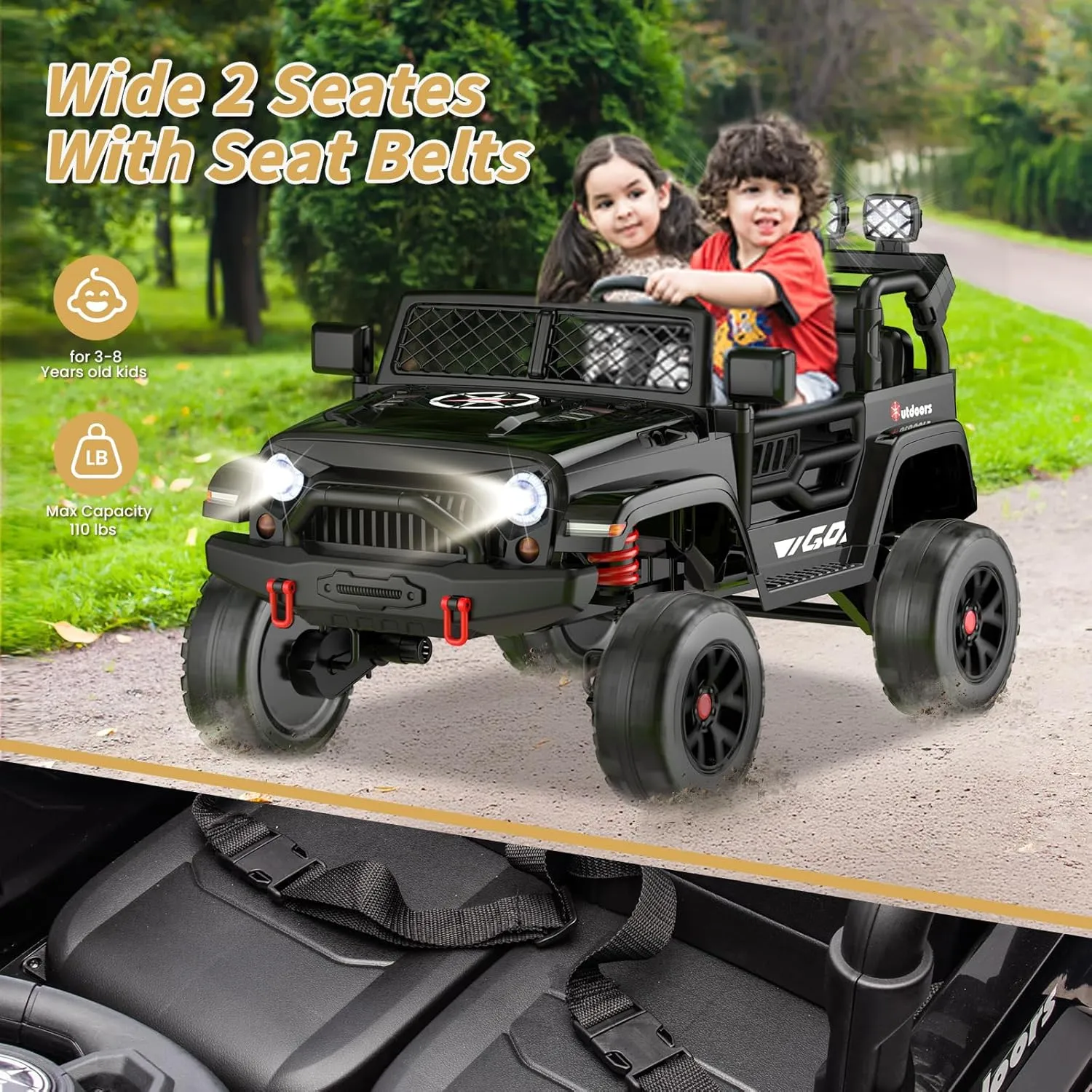 2 Seater Ride on Truck Car 24V Kids Electric Vehicles w/Parent Remote Control, 4WD Toddlers Toy Car w/Safety Belt,Forward and Reverse,Battery Powered Truck for Big Kids Boys Girls Aged 3-8-Black
