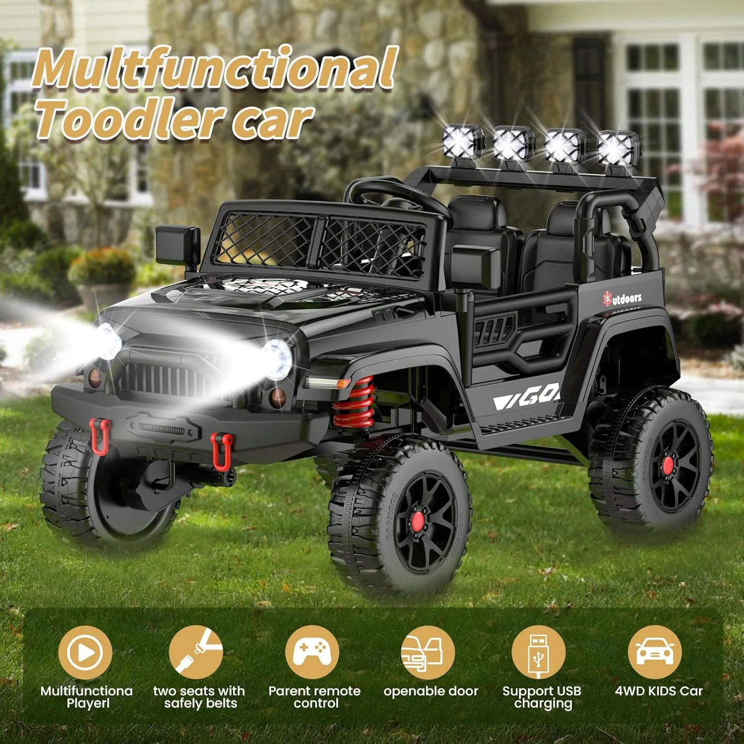 2 Seater Ride on Truck Car 24V Kids Electric Vehicles w/Parent Remote Control, 4WD Toddlers Toy Car w/Safety Belt,Forward and Reverse,Battery Powered Truck for Big Kids Boys Girls Aged 3-8-Black