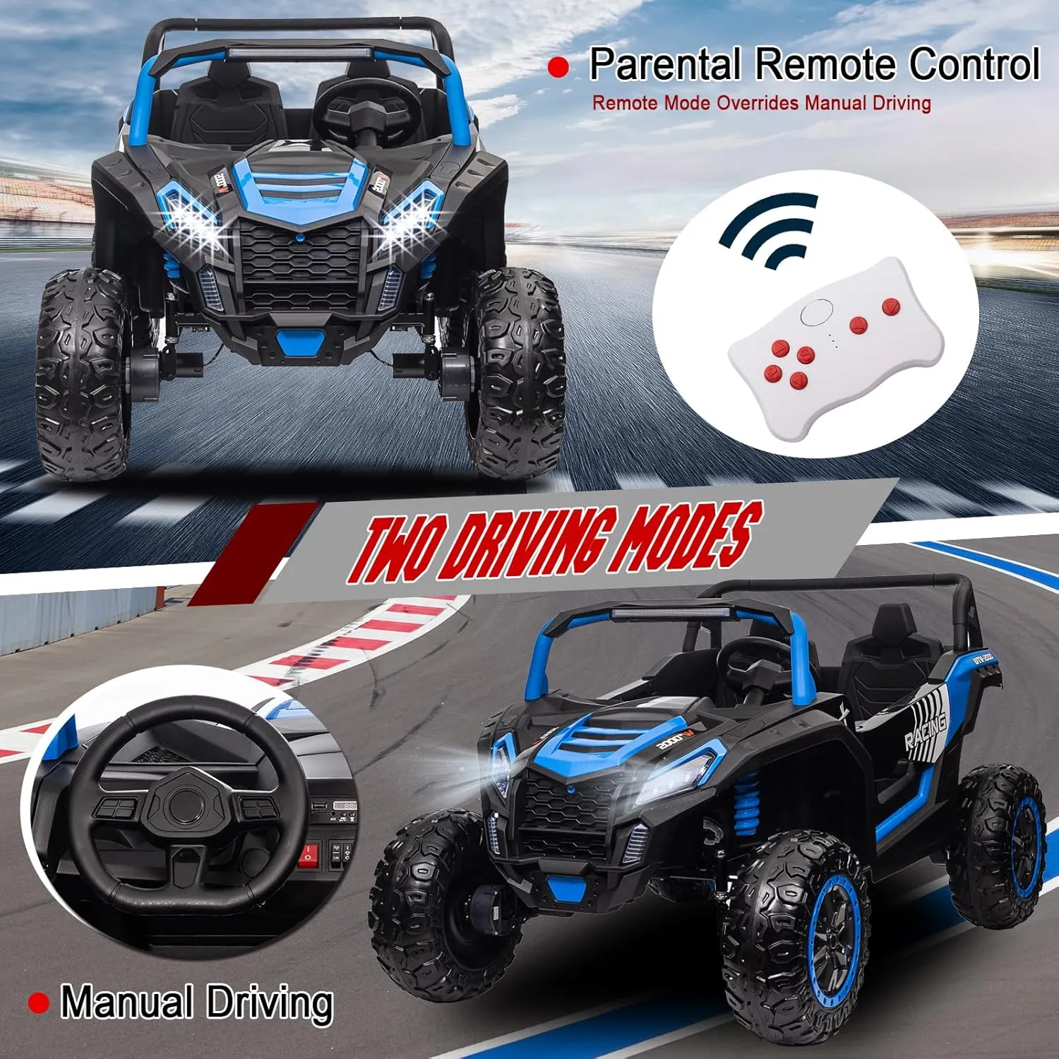 2025 XXL 24V 4WD Kids Ride On UTV 4X4 Off-Road Battery Powered Electric Toy Car with Parents Remote Control for Boys Girls, Kids UTV 4 Wheeler Ride on Toy w/Music, Rubber Tires, Bluetooth, Blue