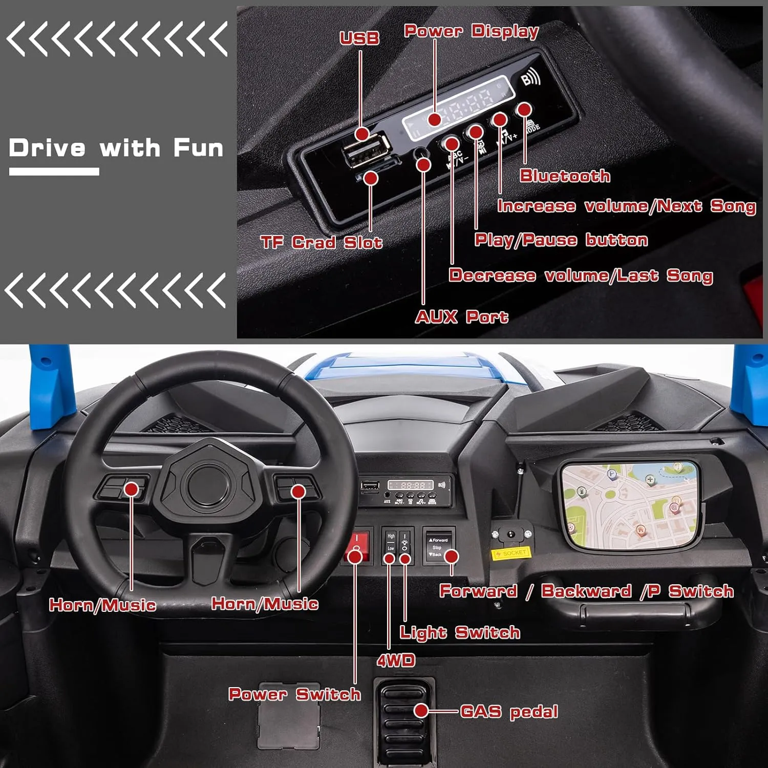 2025 XXL 24V 4WD Kids Ride On UTV 4X4 Off-Road Battery Powered Electric Toy Car with Parents Remote Control for Boys Girls, Kids UTV 4 Wheeler Ride on Toy w/Music, Rubber Tires, Bluetooth, Blue