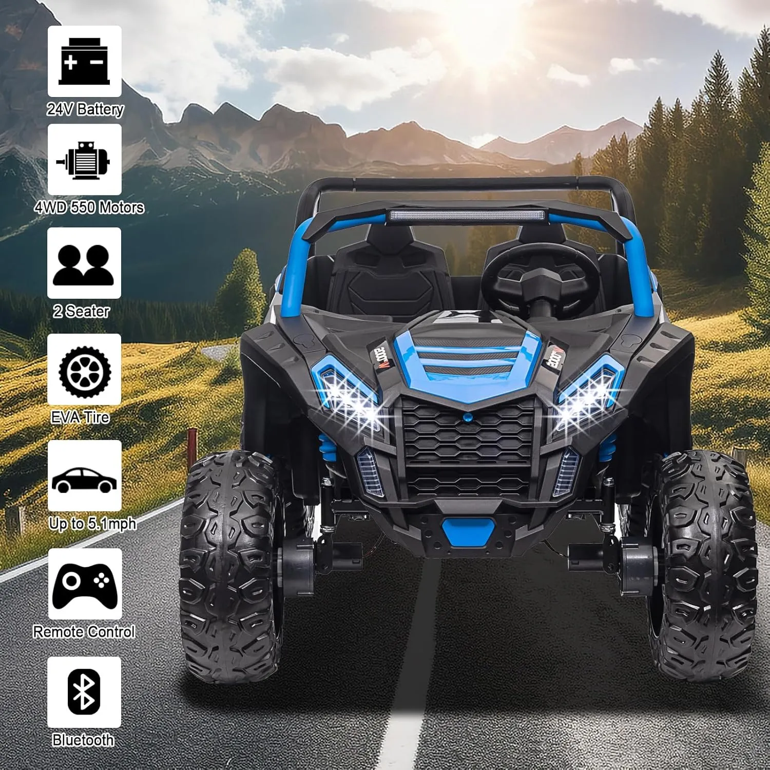 2025 XXL 24V 4WD Kids Ride On UTV 4X4 Off-Road Battery Powered Electric Toy Car with Parents Remote Control for Boys Girls, Kids UTV 4 Wheeler Ride on Toy w/Music, Rubber Tires, Bluetooth, Blue