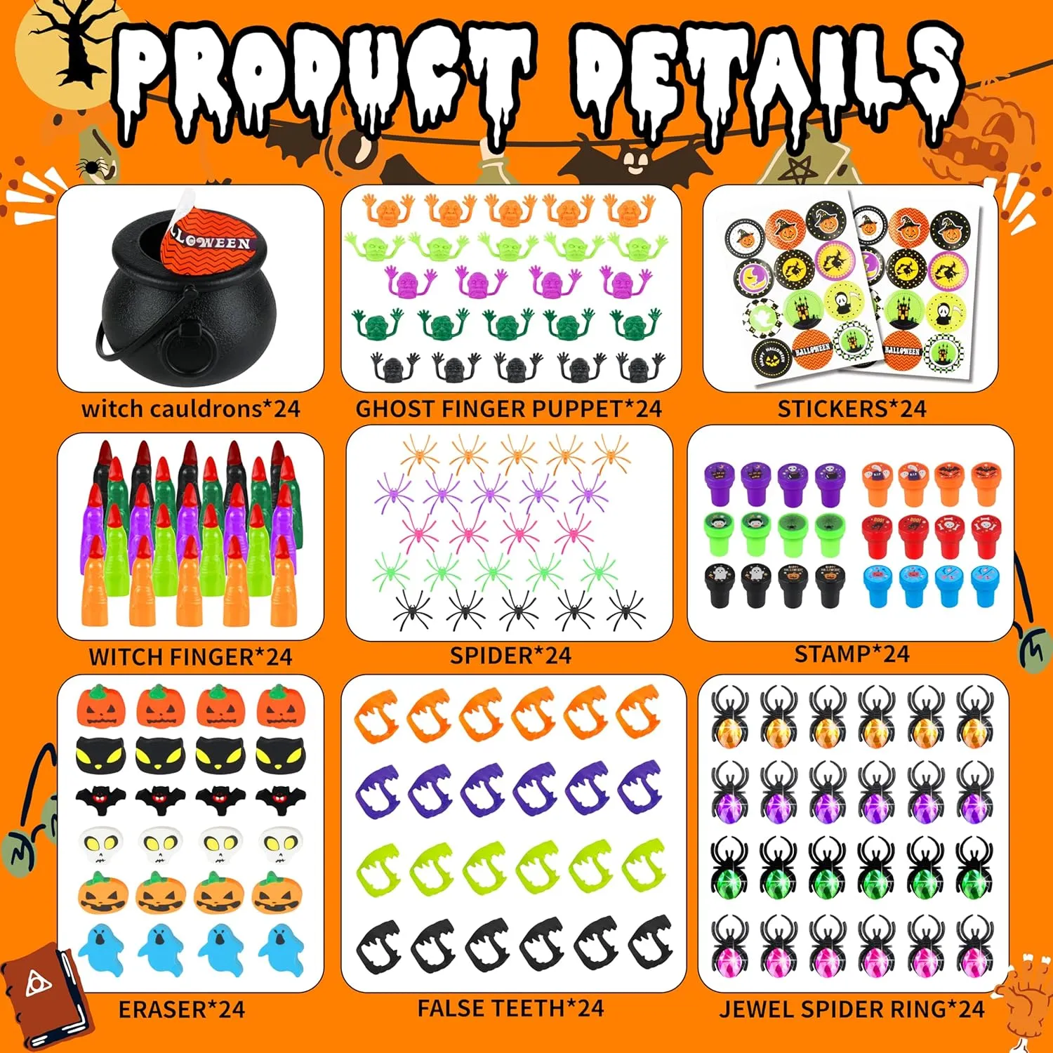 216 Pcs Halloween Party Favors 24 Pack Prefilled Small Plastic Witch Cauldron Halloween Toys in Bulk Halloween Prizes Gifts Trick or Treat Toys Prizes Rewards Gifts Miniatures for Kids