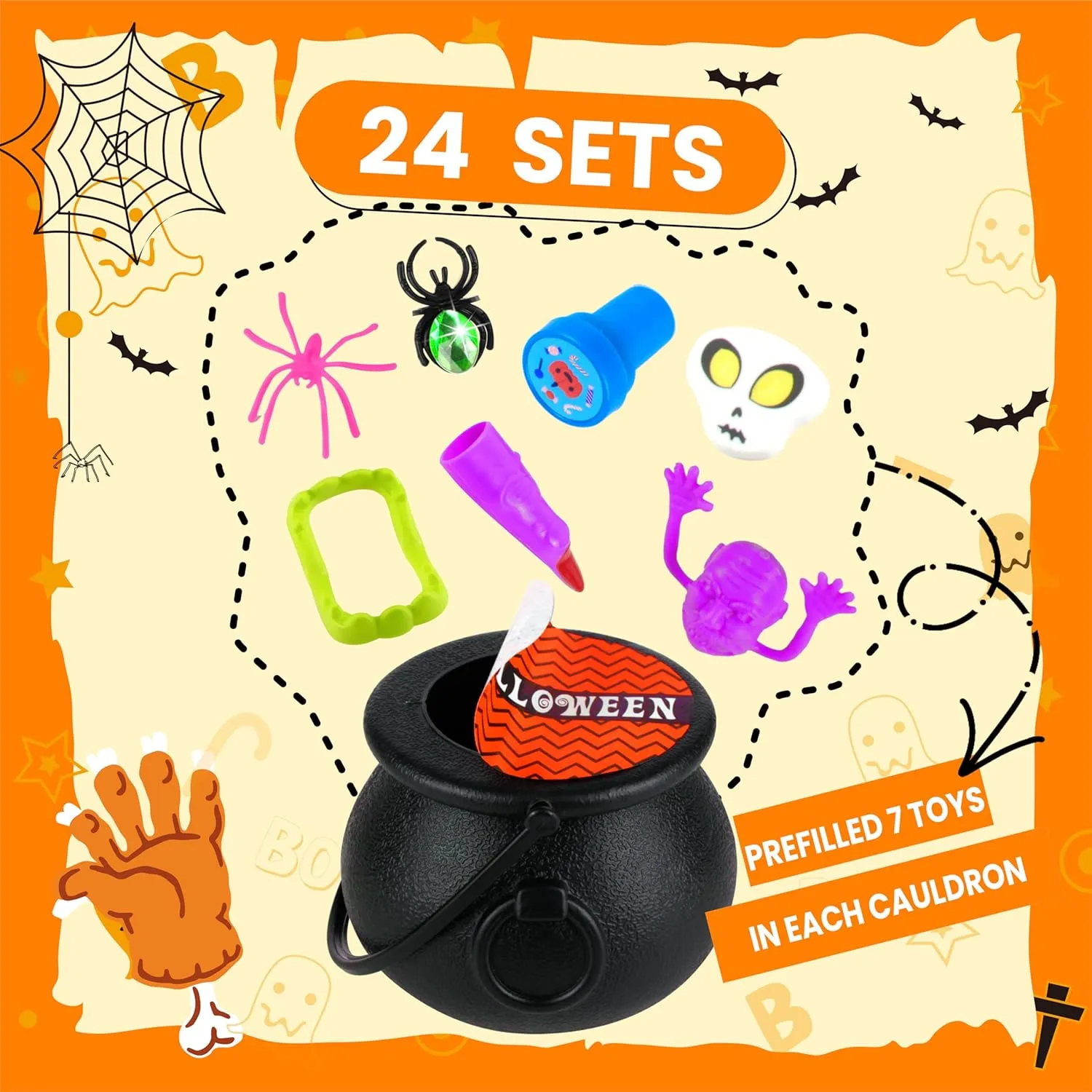 216 Pcs Halloween Party Favors 24 Pack Prefilled Small Plastic Witch Cauldron Halloween Toys in Bulk Halloween Prizes Gifts Trick or Treat Toys Prizes Rewards Gifts Miniatures for Kids