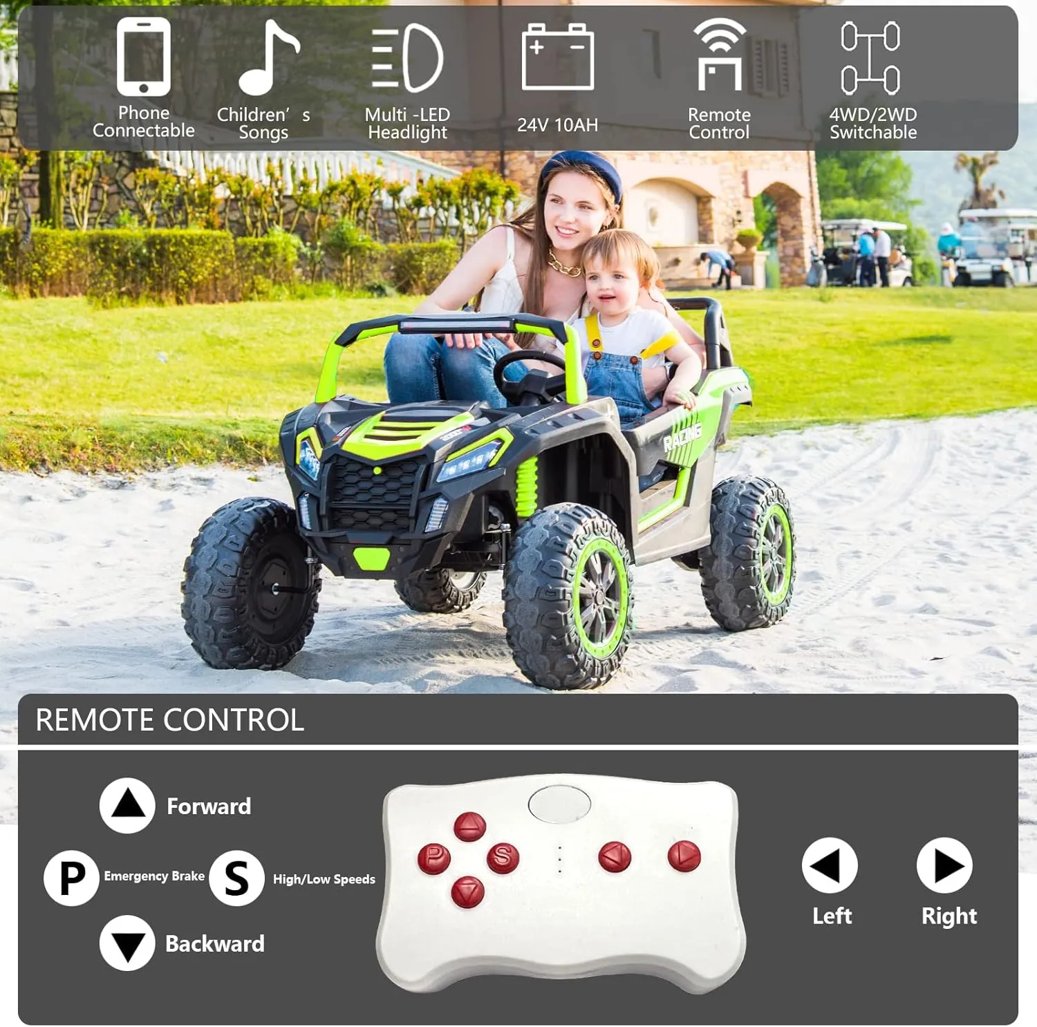 24V 10Ah 2-Seater Ride on Car for Big Kids, Ride on Toy with Remote Control, 4WD Battery Powered Electric Vehicle for Kids, Side by Side UTV with EVA Rubber Compound Tires, Green