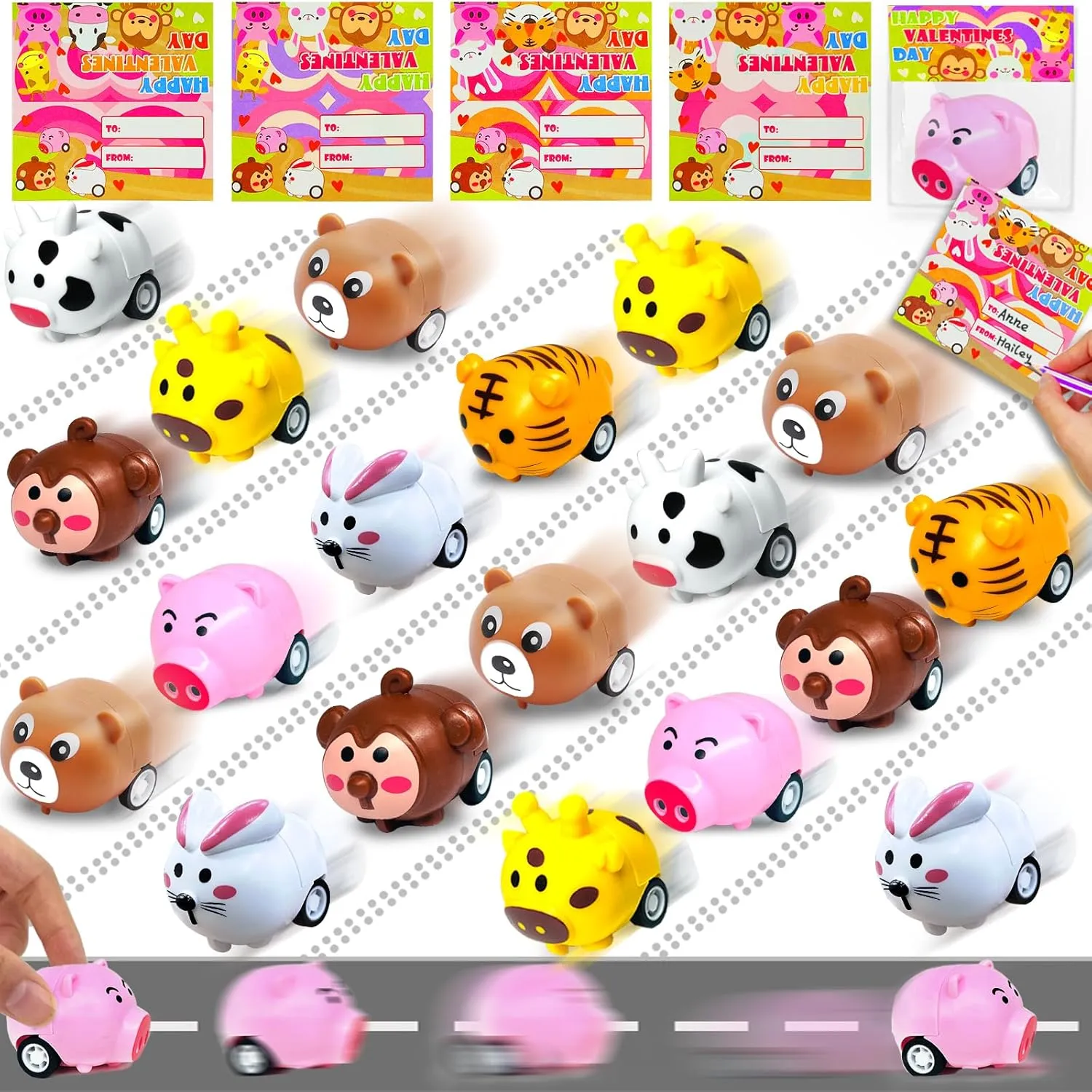 28 Pack Prefilled Valentines Day Gifts for Kids - Pull Back Animals Car Toys with Valentine Cards for Kids Classroom School Exchange Valentine Party Favors Bulk Class Prize for Boys Girls