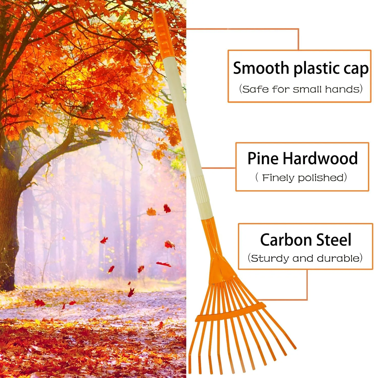 2PCS Kid Rakes, 27" Lawn Rakes for Leaves, Child Size, Metal Head & Wooden Handle, Great Yard Tool Gifts for Boys Girls Age 3  Year Old