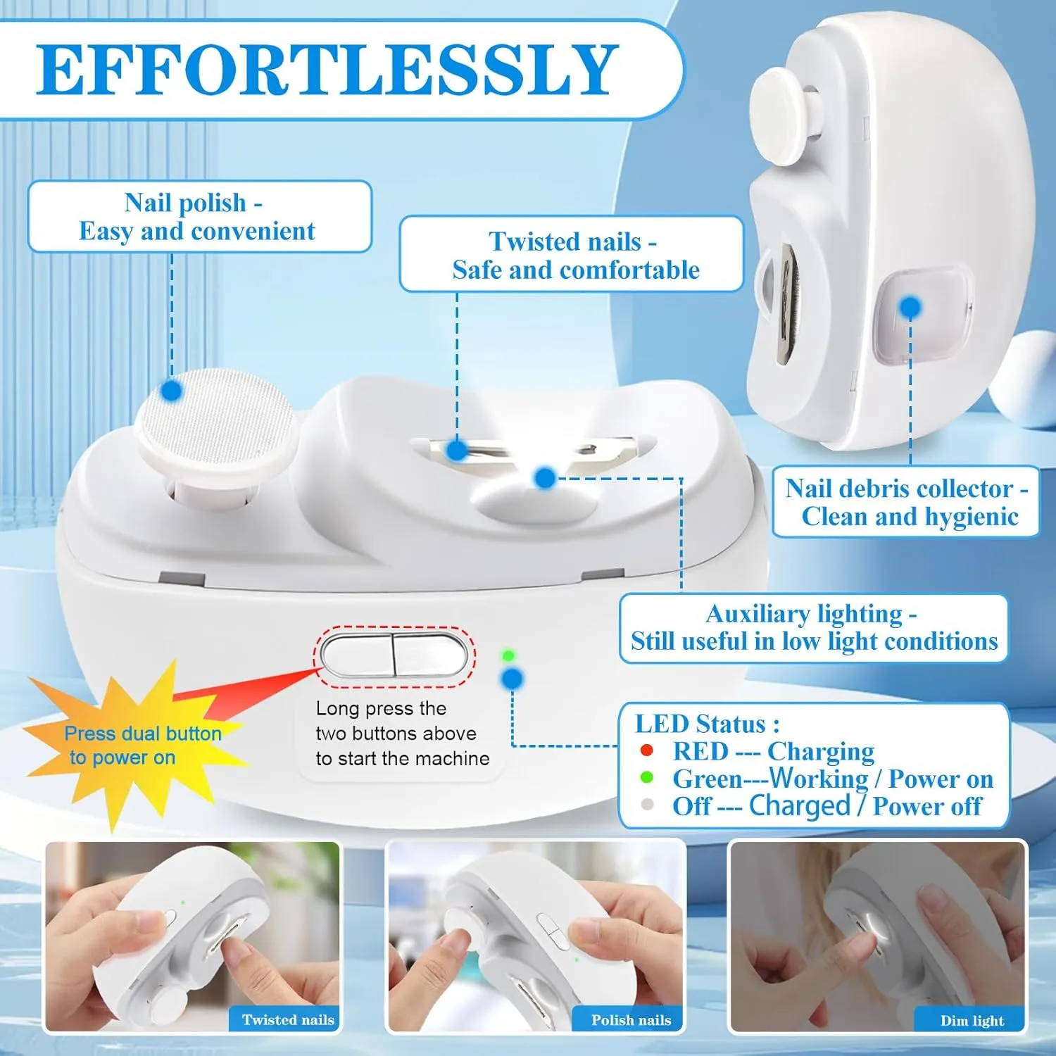 3-in-1 Electric Nail Clippers, Upgrade Electric Nail Clippers for Seniors or Babys, Automatic Electric Polishing Nail Clipper with Collector, Electric Nail Trimmer Gift for Your Loves (Cream-White)