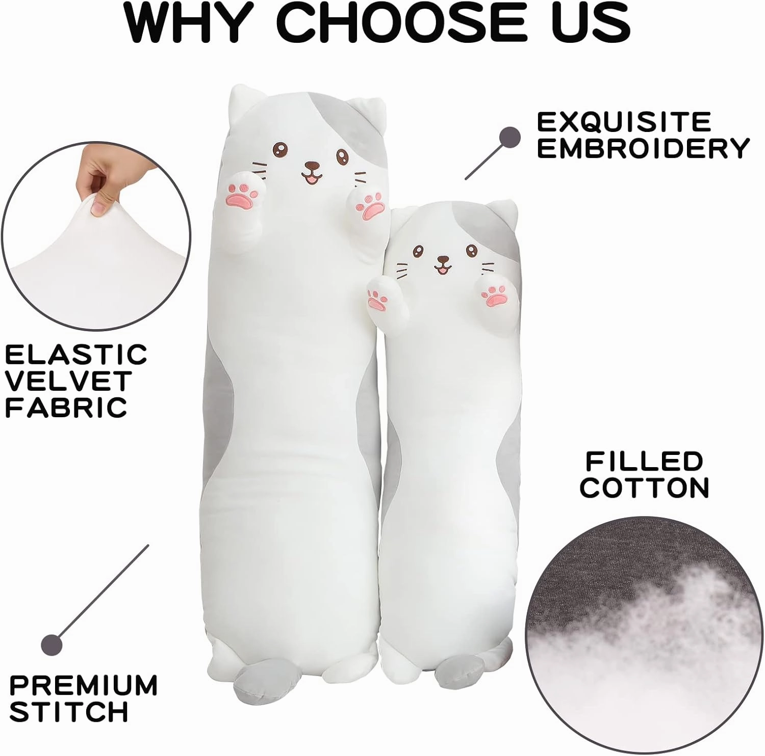 36" Cat Stuffed Animal, Soft Long Pillow Doll Cute Cartoon Kitten Plush Body Pillow Plushies Toy Gift for Kids, Girls, Birthdays, Easter