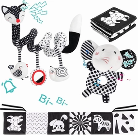 3 Pcs Car Seat Toys for Babies 0-6 Months，Black and White Baby Hanging Rattle Toys for Crib Mobile，High Contrast Baby Toys for Newborn Toys，Infant Sensory Toy Best Gift for 0-6 6-12months