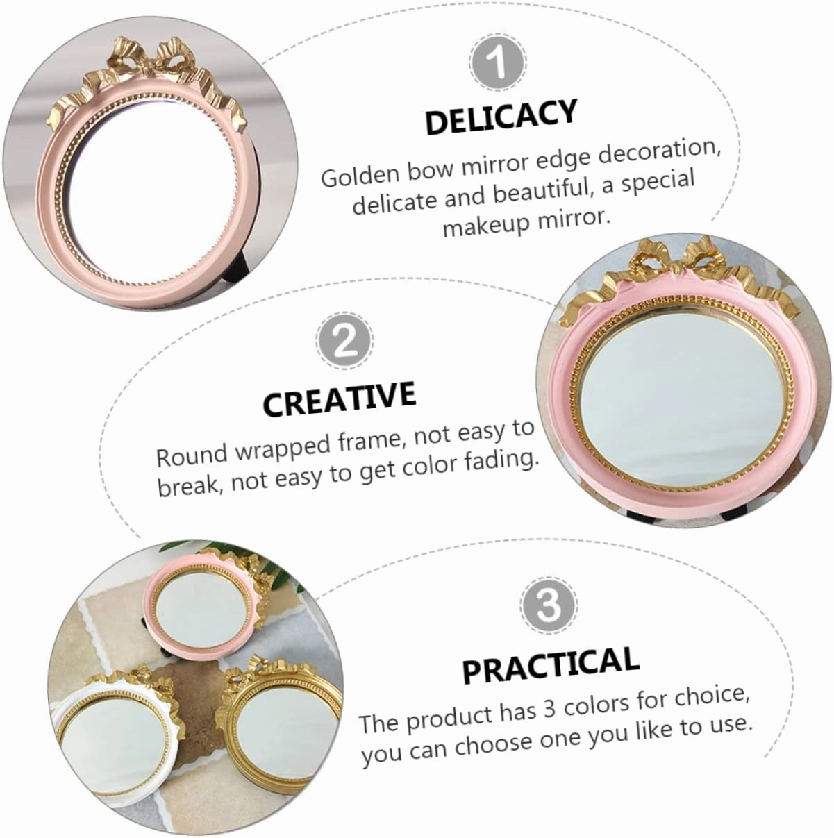 3 pcs Hairpin Cute Office Desk Decorations The Flowers Small Round Mirror Make up Outdoor Decor Spiked Headbands Table Household Handheld Dresser Mirrors for Bedroom