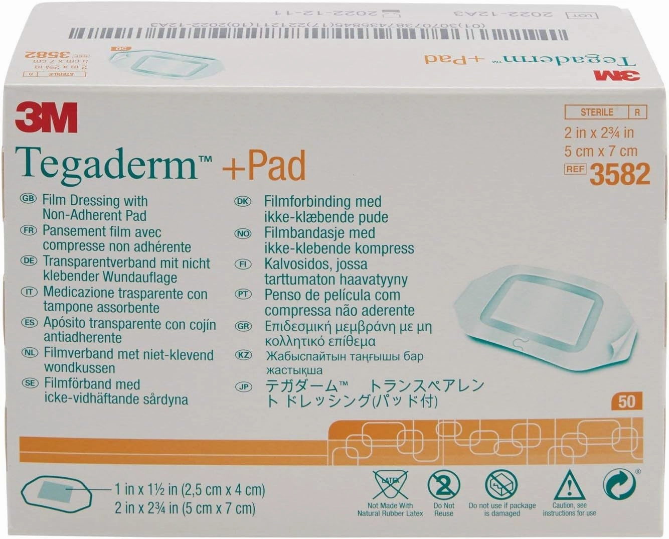 3M Tegaderm  Pad Film Dressing with Non-Adherent Pad, Sterile Dressing With Waerproof Bacterial Barrier and Absorbent Pad, 2" Square, Box of 50