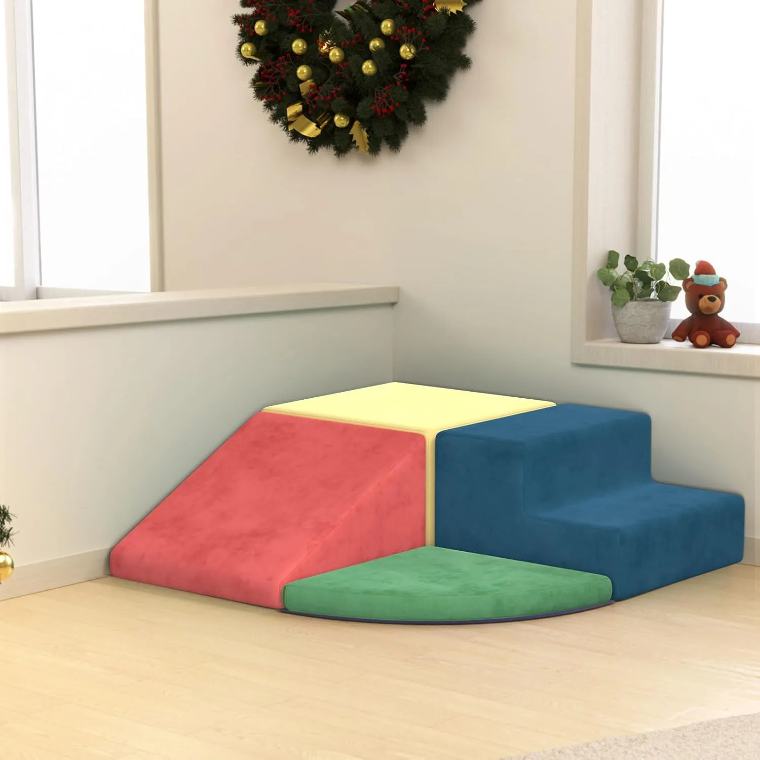 4 Piece Foam Climbing Blocks, Velvet Fabric Soft Play Set Large Baby Climbing Gym Indoor Climbing Toys for Toddlers 1-3 Inside