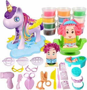 40pcs Play Color Dough Unicorn Hair Salon Hairstylist Barber Shop Haircut Crazy Cut Pretend Play with Modeling Clay(12 of Colors) and Tools for Kids