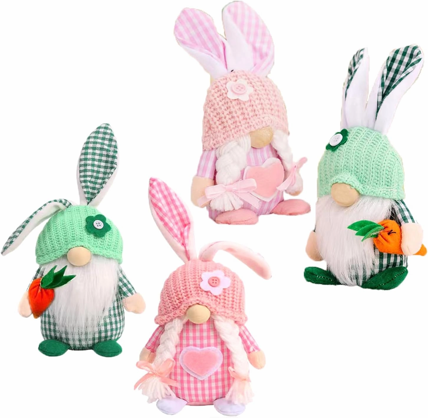 4 Pcs Easter Stuffed Plush Gnomes - Cute Handmade Spring Bunny Ears Gnomes Decorations for Home - Gift for Easter Decorations and Indoor Spring Decor - Green and Pink