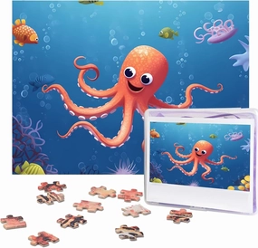 500 Piece Jigsaw Puzzle for Adults Challenging Puzzle for Game Nights Wooden Puzzle Personalized Custom Wood-Puzzles for Family Cartoon Octopus Fish Picture Puzzles Finished Size 20.4"x15"