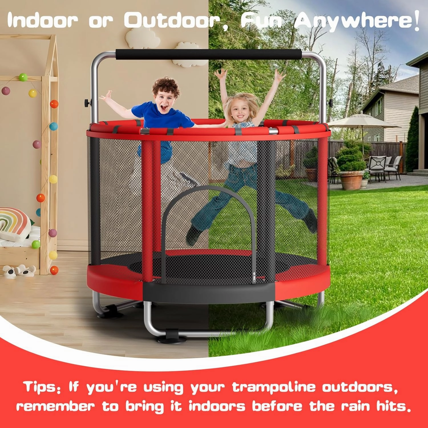 55" Trampoline for Kids with Enclosure, 440lbs Capacity Indoor & Outdoor Toddler Trampoline with Adjustable Gymnastics Bar & Toys, for Boys & Girls