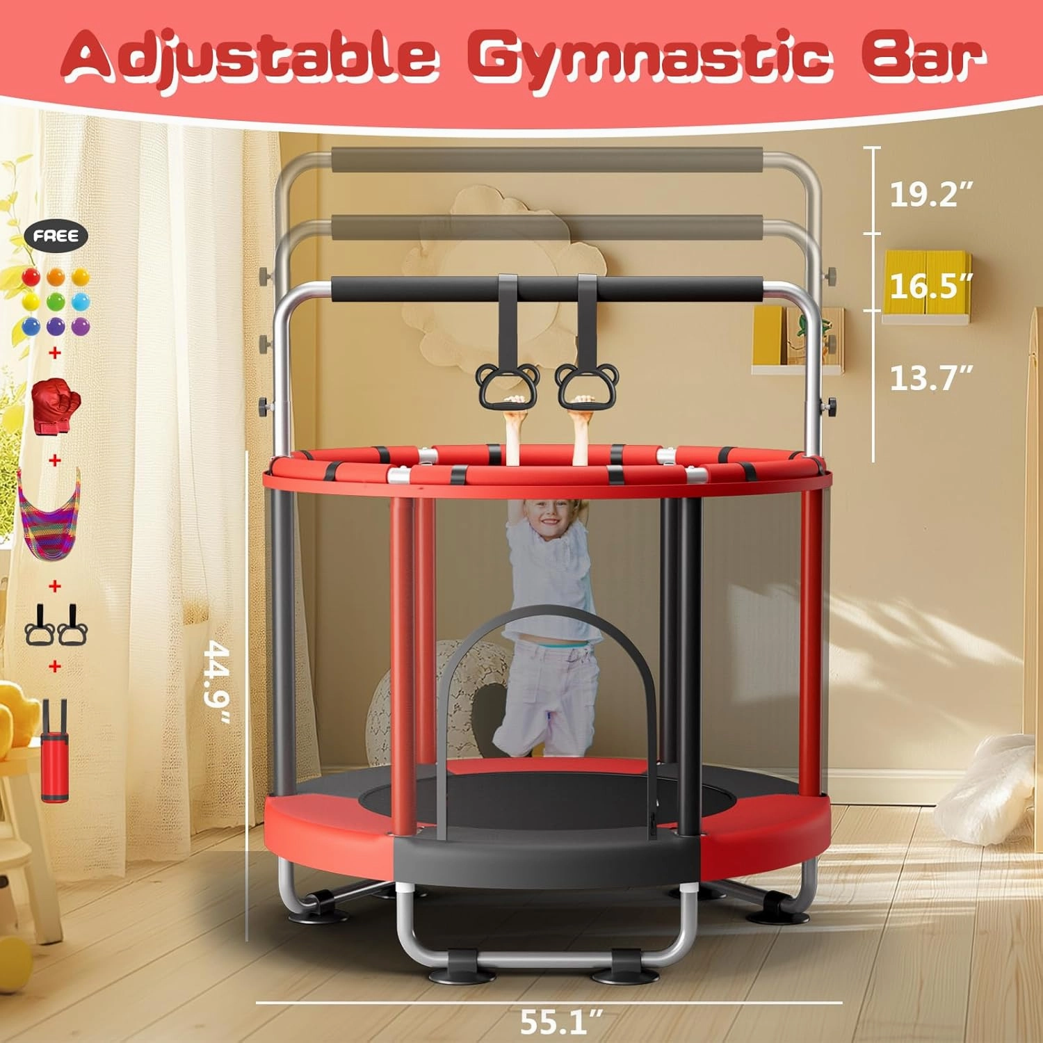 55" Trampoline for Kids with Enclosure, 440lbs Capacity Indoor & Outdoor Toddler Trampoline with Adjustable Gymnastics Bar & Toys, for Boys & Girls