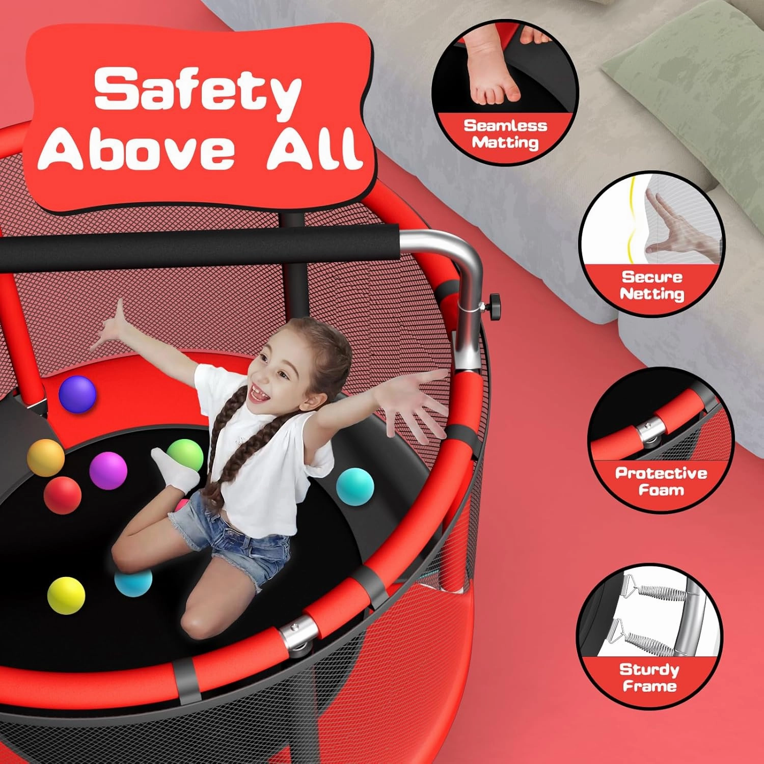 55" Trampoline for Kids with Enclosure, 440lbs Capacity Indoor & Outdoor Toddler Trampoline with Adjustable Gymnastics Bar & Toys, for Boys & Girls
