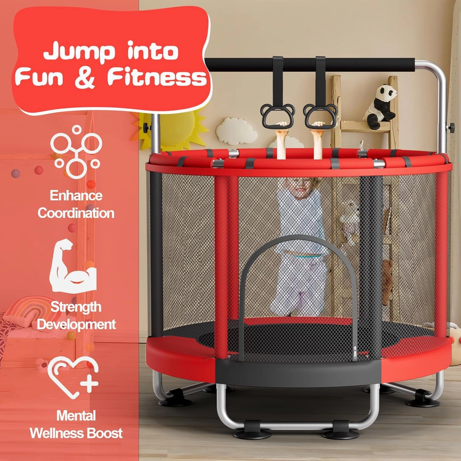 55" Trampoline for Kids with Enclosure, 440lbs Capacity Indoor & Outdoor Toddler Trampoline with Adjustable Gymnastics Bar & Toys, for Boys & Girls