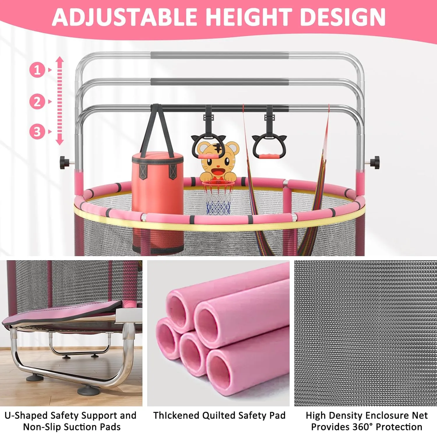 55" Toddler Trampoline for Age 2-4, 5ft Mini Kids Trampoline Indoor with Basketball Ball Adjustable Gymnastics Bar & Toys Swing Enclosure Net for Backyard ASTM Approved