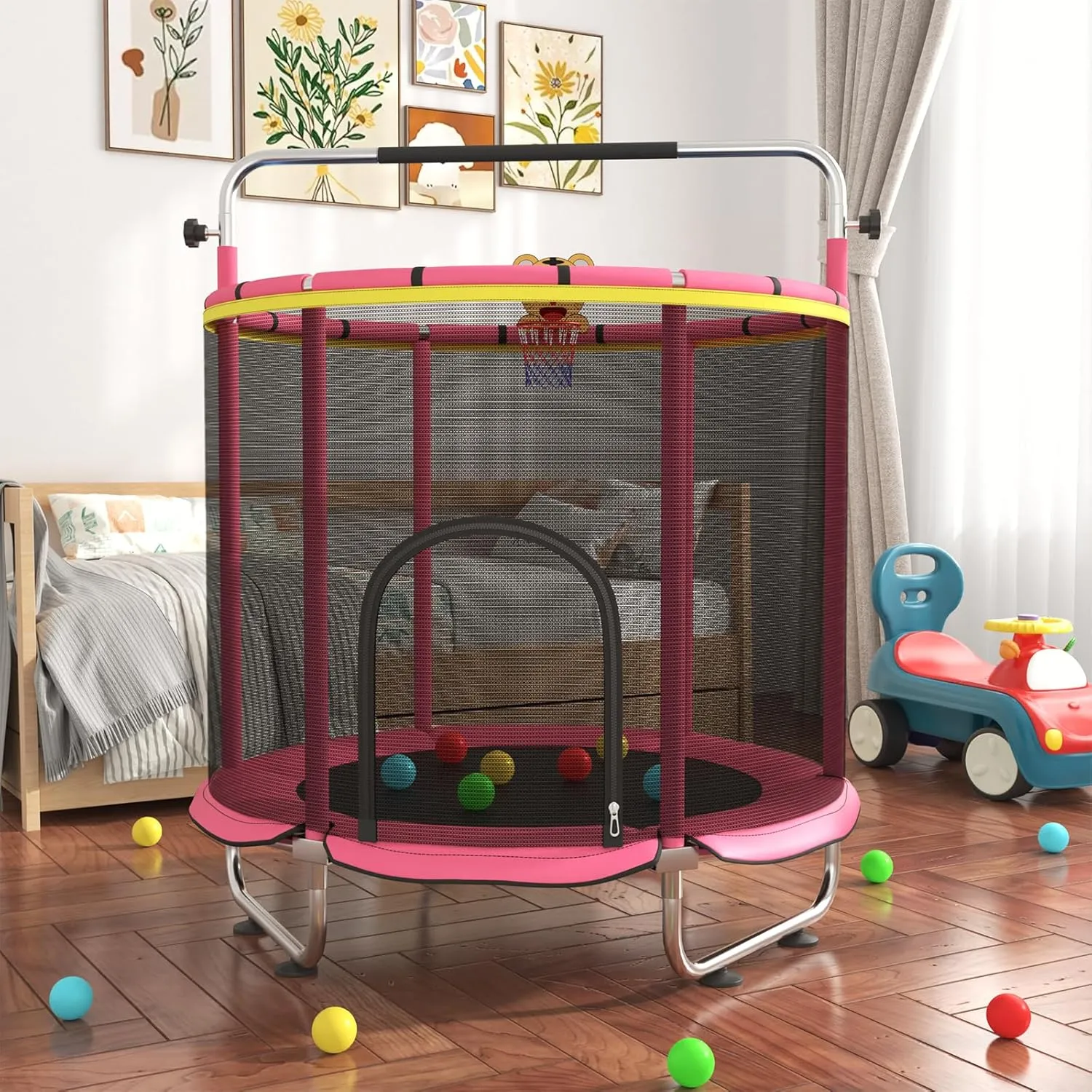 55" Toddler Trampoline for Age 2-4, 5ft Mini Kids Trampoline Indoor with Basketball Ball Adjustable Gymnastics Bar & Toys Swing Enclosure Net for Backyard ASTM Approved