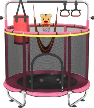 55" Toddler Trampoline for Age 2-4, 5ft Mini Kids Trampoline Indoor with Basketball Ball Adjustable Gymnastics Bar & Toys Swing Enclosure Net for Backyard ASTM Approved