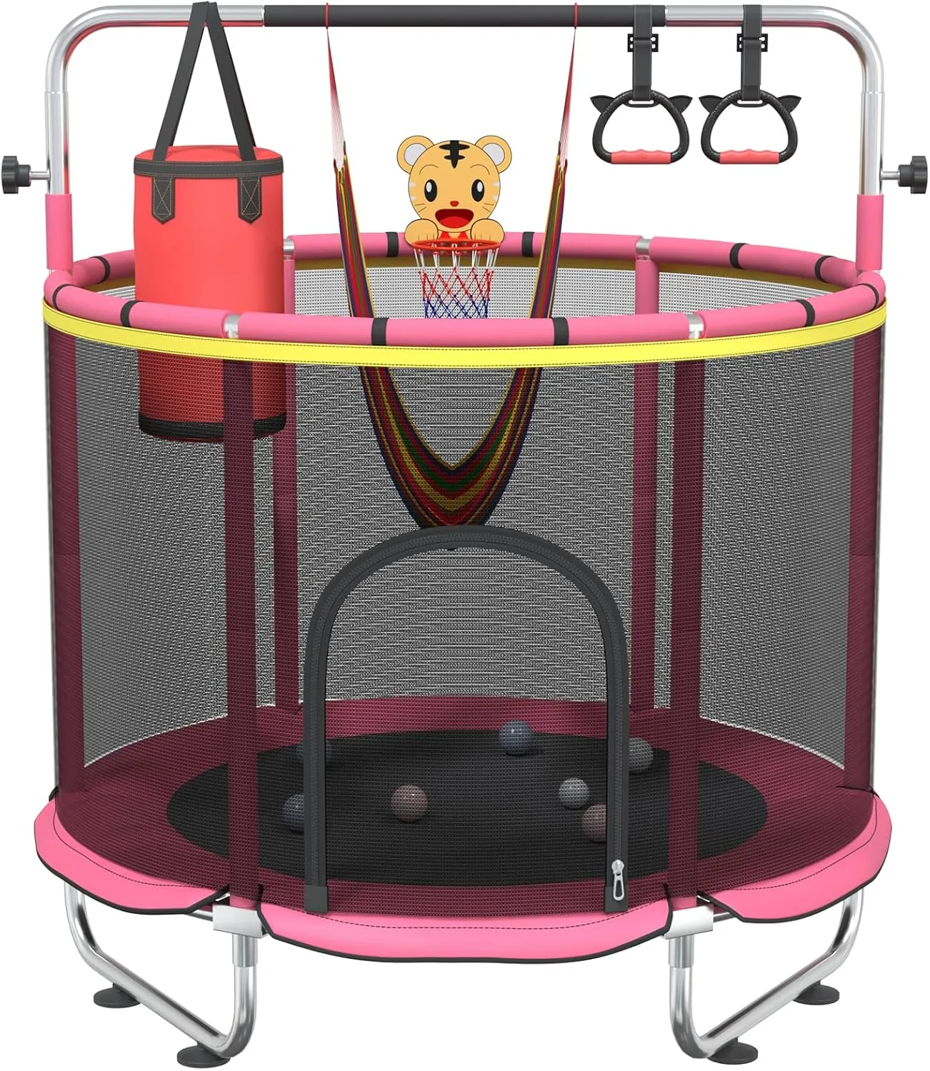 55" Toddler Trampoline for Age 2-4, 5ft Mini Kids Trampoline Indoor with Basketball Ball Adjustable Gymnastics Bar & Toys Swing Enclosure Net for Backyard ASTM Approved