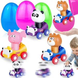 6 PCS Easter Eggs with Cars Inside - 3 Jumbo 6" Easter Eggs   3 Press and Go Car for Kids Boys Girls,Toddler Basket Essential Stuffers Elephant, Panda, Bear, Eggs Hunt Party Favor Birthday Gifts