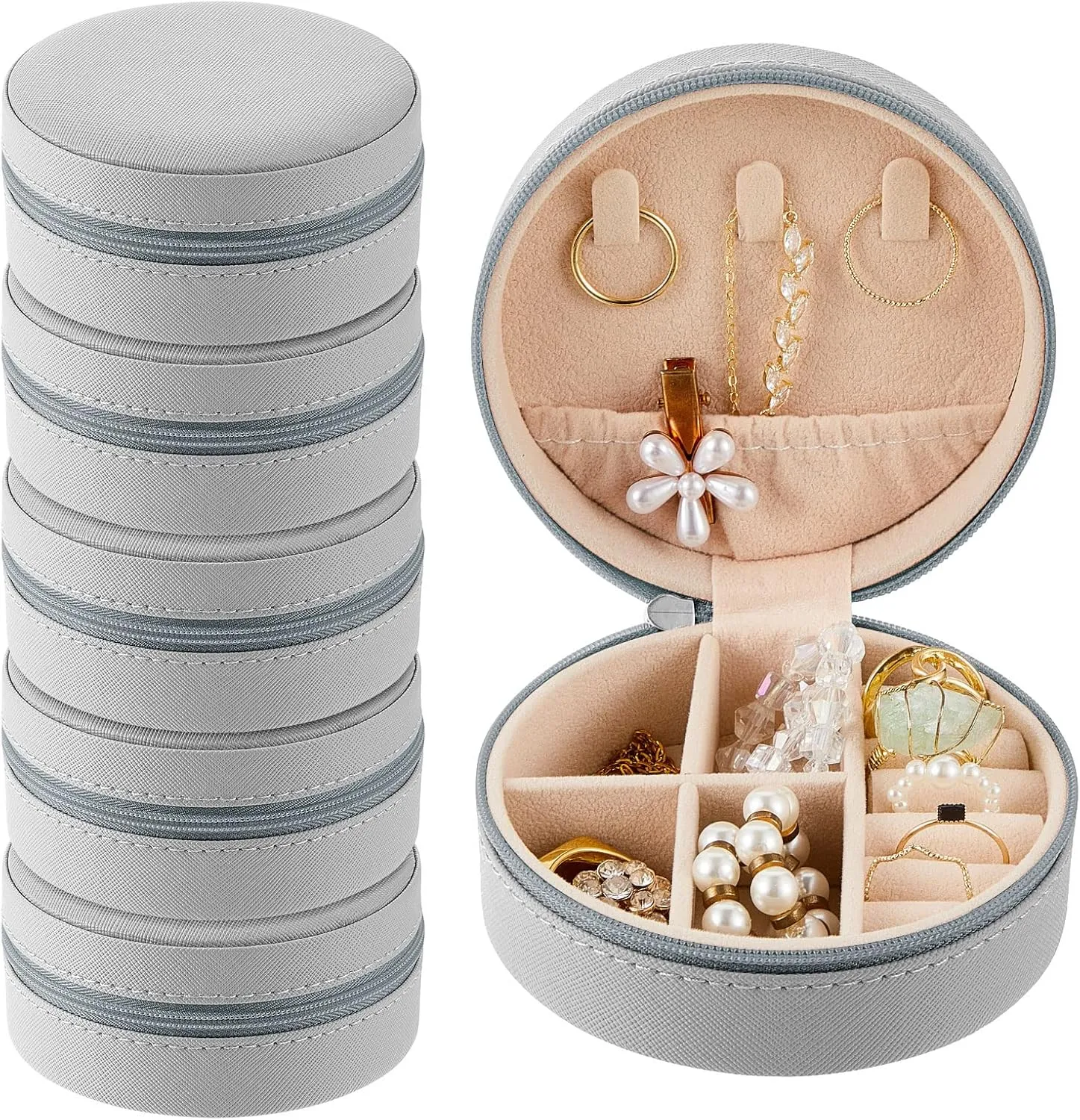6 Pcs Travel Jewelry Case Bridesmaid Gift Boxes Jewelry Travel Organizer Small Round Jewelry Box Mini Storage PU Leather