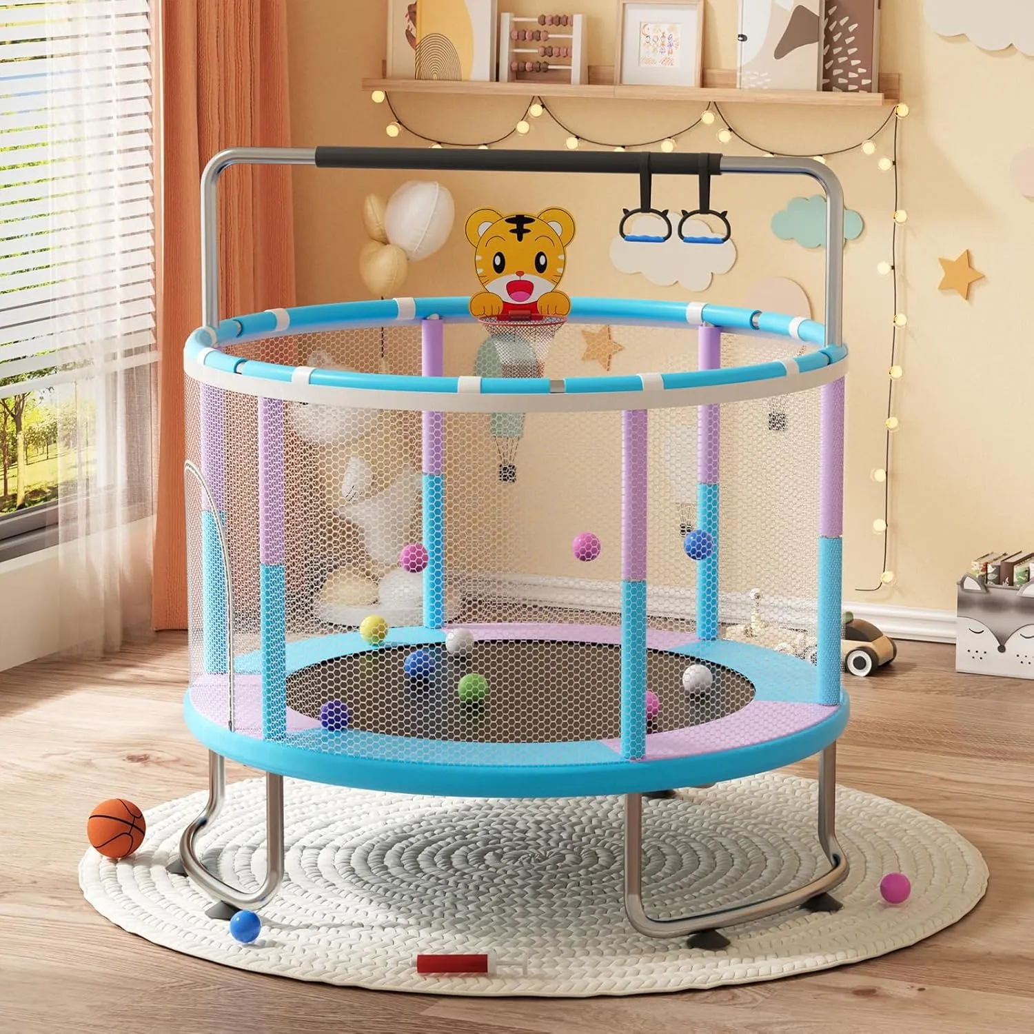 60" Trampoline for Kids 1-8 with Surround Safety Enclosure, Mini Trampoline (440Lbs Capacity) - with Basketball Hoop, Pull Ring, Swing, Sandbags for Boys Girls