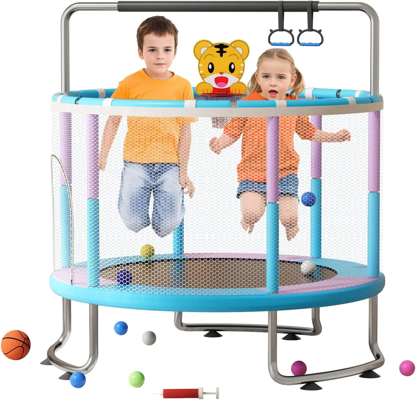 60" Trampoline for Kids 1-8 with Surround Safety Enclosure, Mini Trampoline (440Lbs Capacity) - with Basketball Hoop, Pull Ring, Swing, Sandbags for Boys Girls